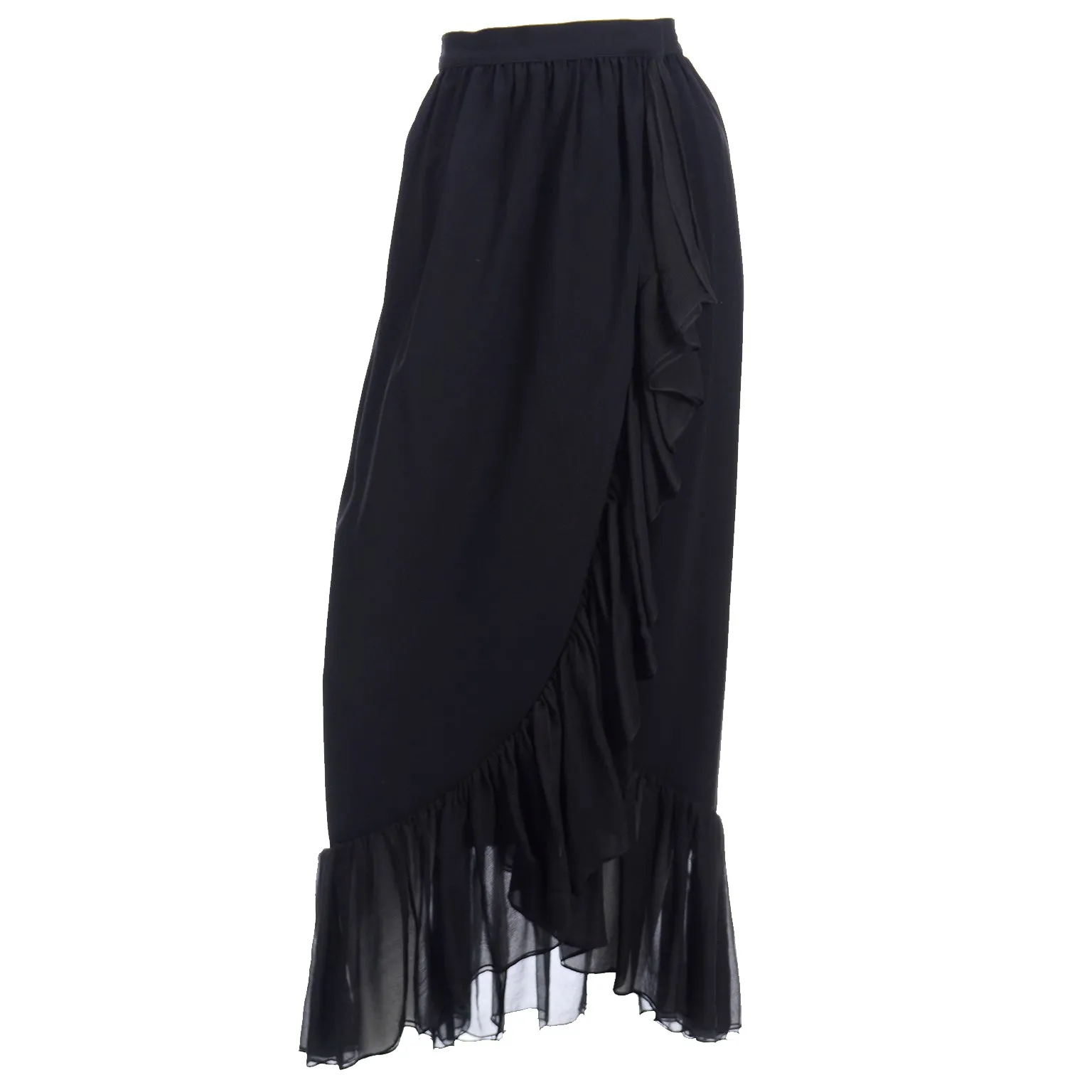 1970s Yves Saint Laurent Vintage Black Silk Long Ruffled Skirt