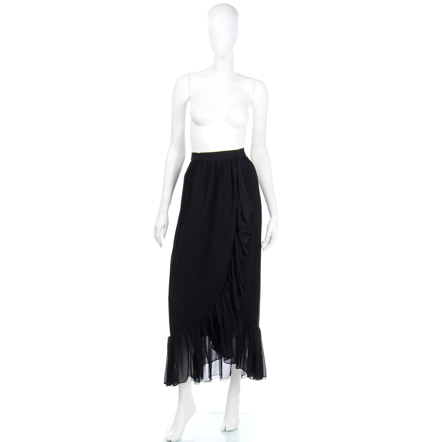 1970s Yves Saint Laurent Vintage Black Silk Long Ruffled Skirt