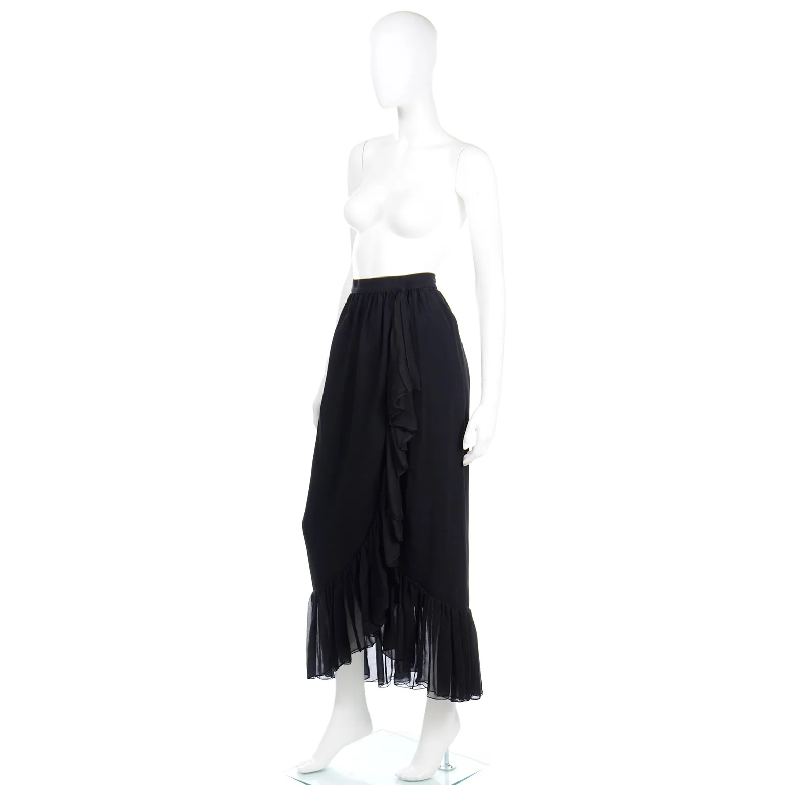 1970s Yves Saint Laurent Vintage Black Silk Long Ruffled Skirt