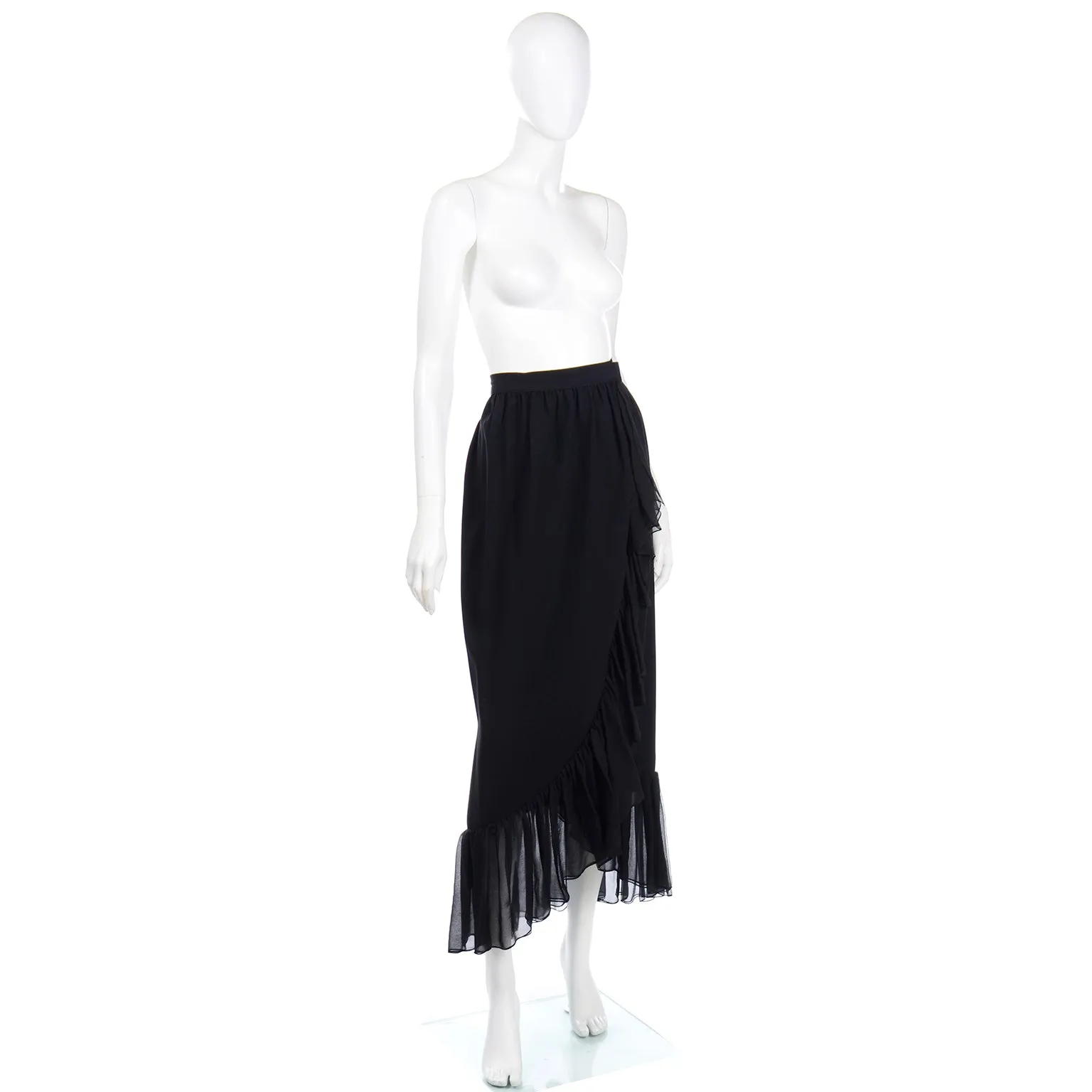 1970s Yves Saint Laurent Vintage Black Silk Long Ruffled Skirt