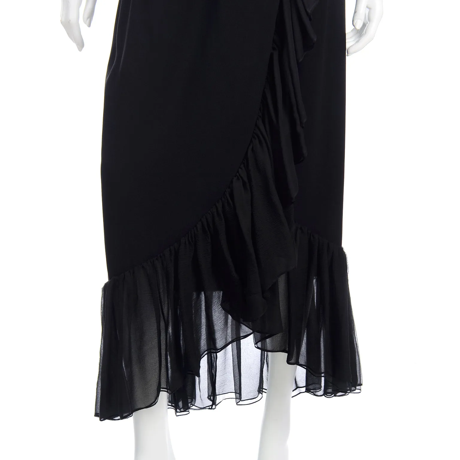 1970s Yves Saint Laurent Vintage Black Silk Long Ruffled Skirt