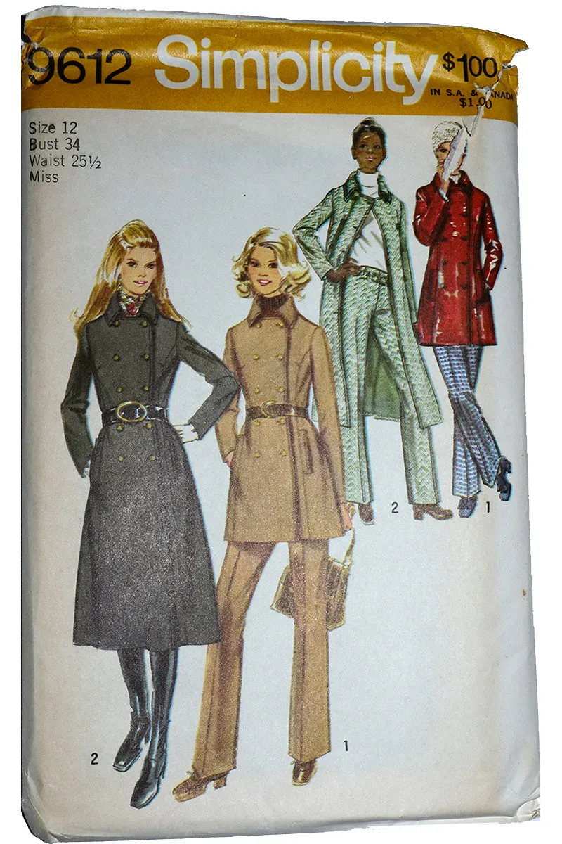 1971 Simplicity 9617 Vintage Coat and Trouser Pattern