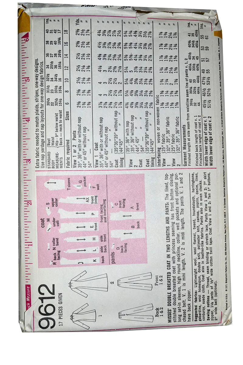 1971 Simplicity 9617 Vintage Coat and Trouser Pattern