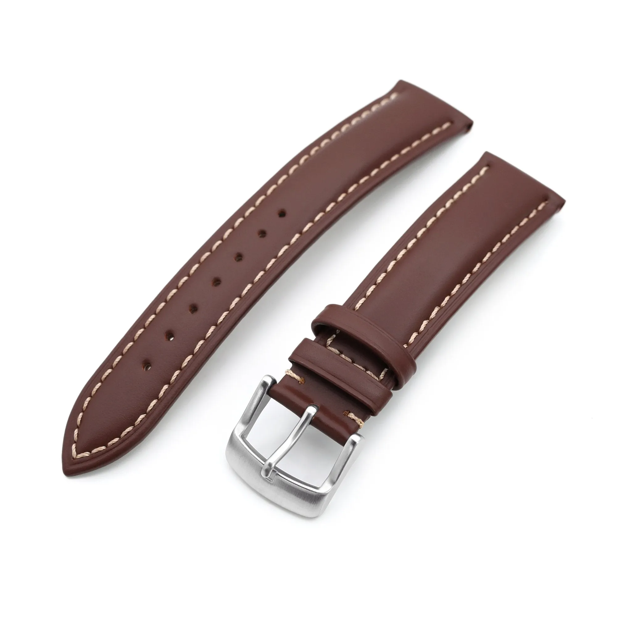 20mm Pecan Brown Tapered Smooth Leather Watch Band, Brushed Buckle