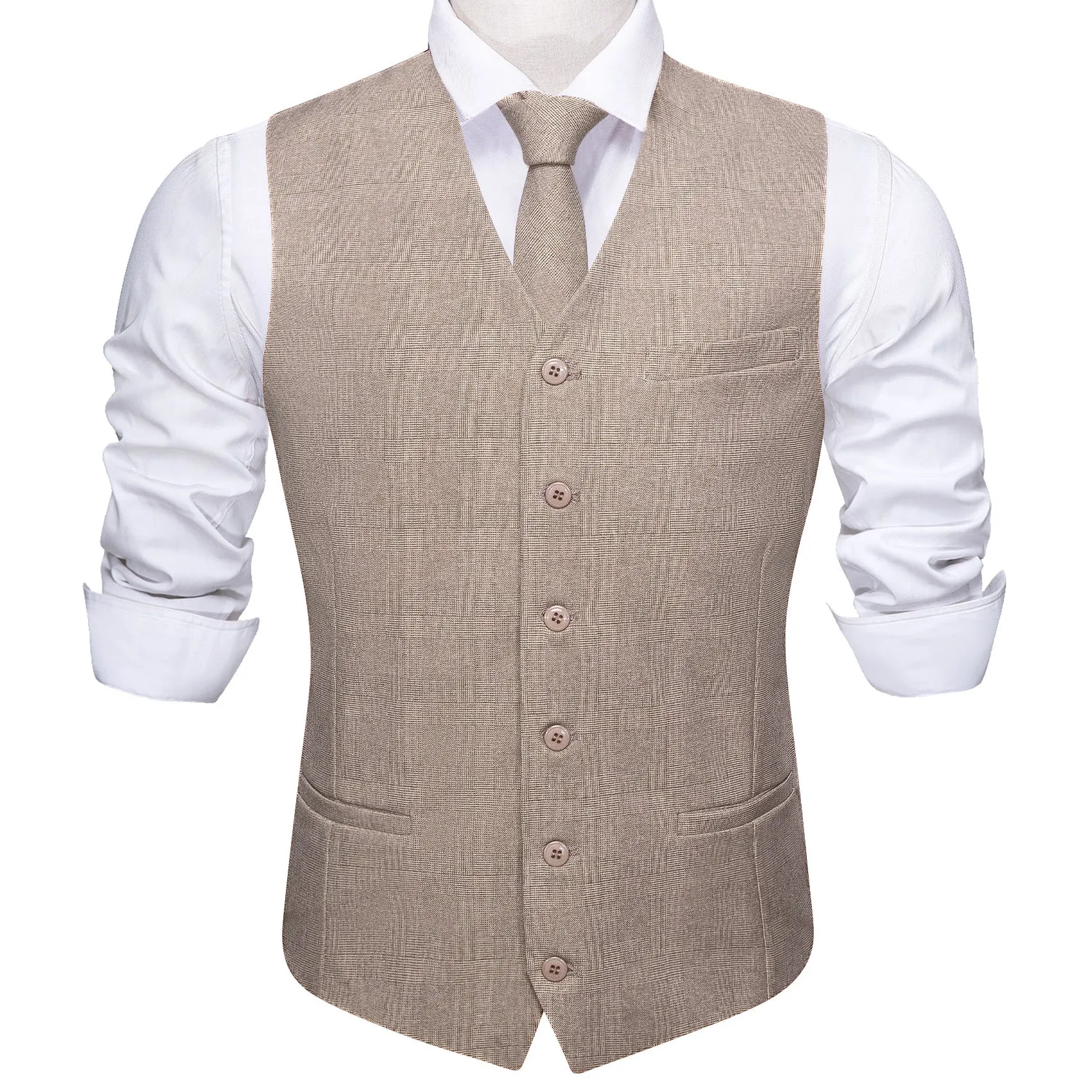 2PCS Khaki Solid Jacquard Men's Vest Tie Set