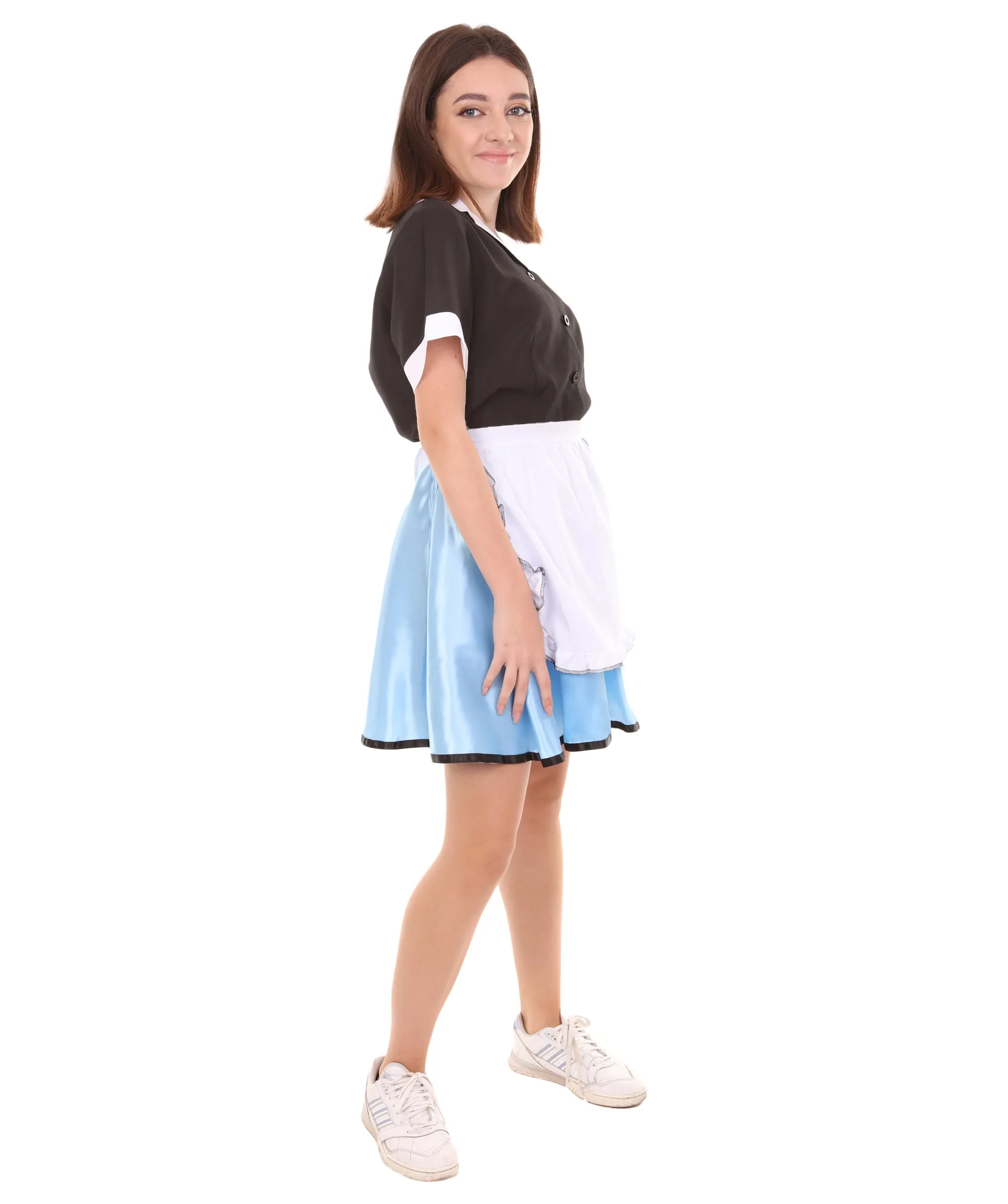 Adult Women's 50's Car Hop Girl Waitress Costume | Black and Blue Cosplay Costume