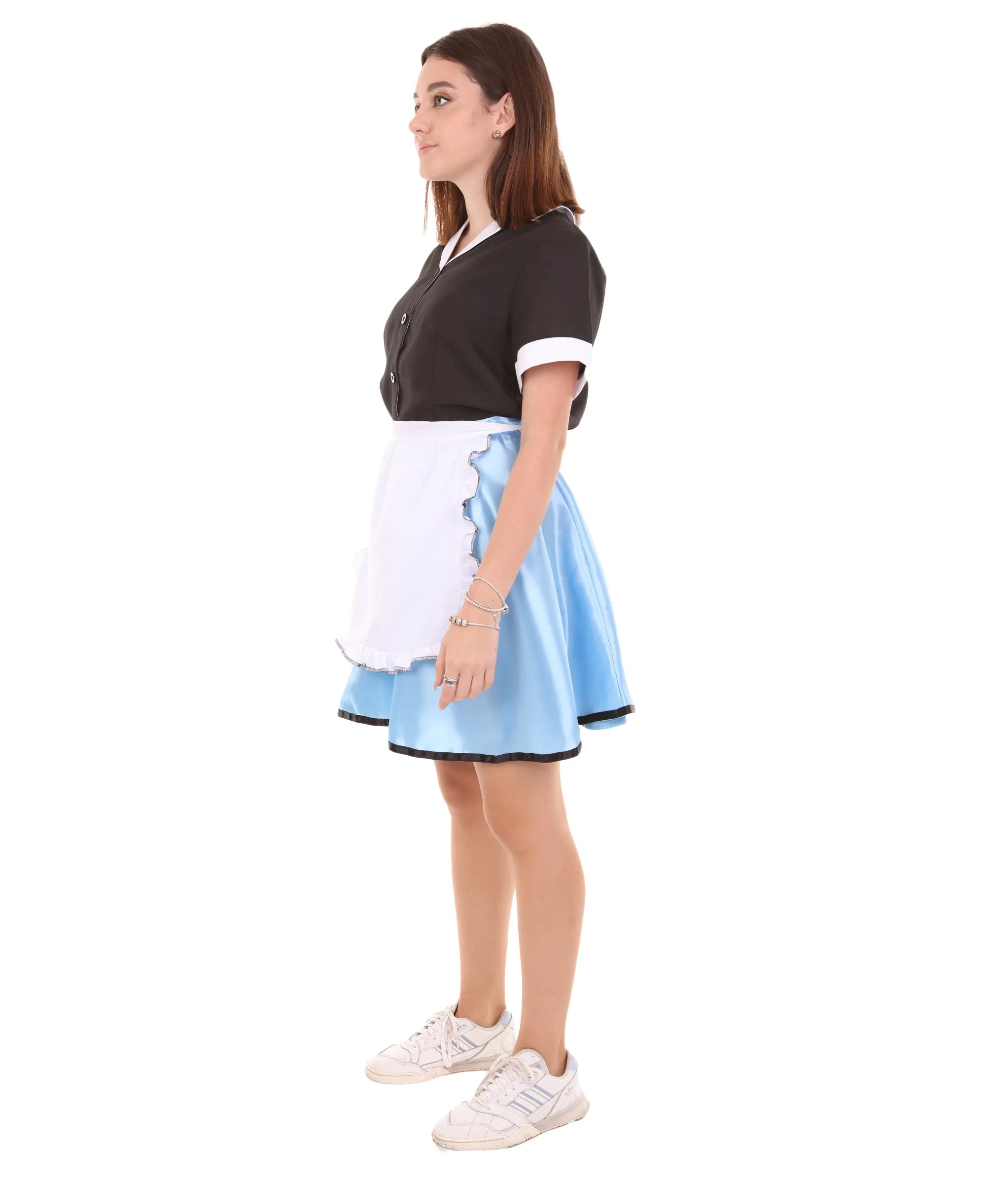Adult Women's 50's Car Hop Girl Waitress Costume | Black and Blue Cosplay Costume