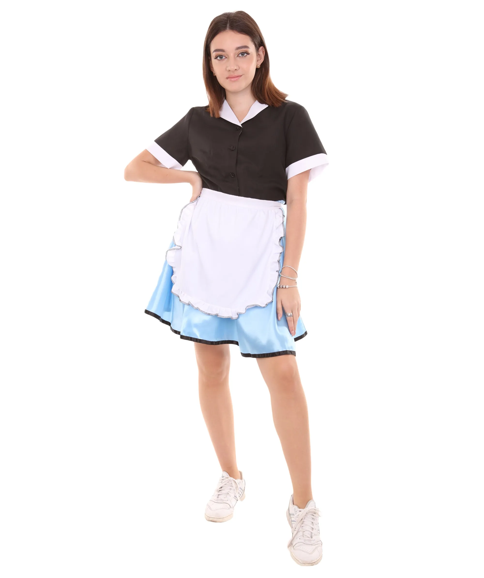 Adult Women's 50's Car Hop Girl Waitress Costume | Black and Blue Cosplay Costume