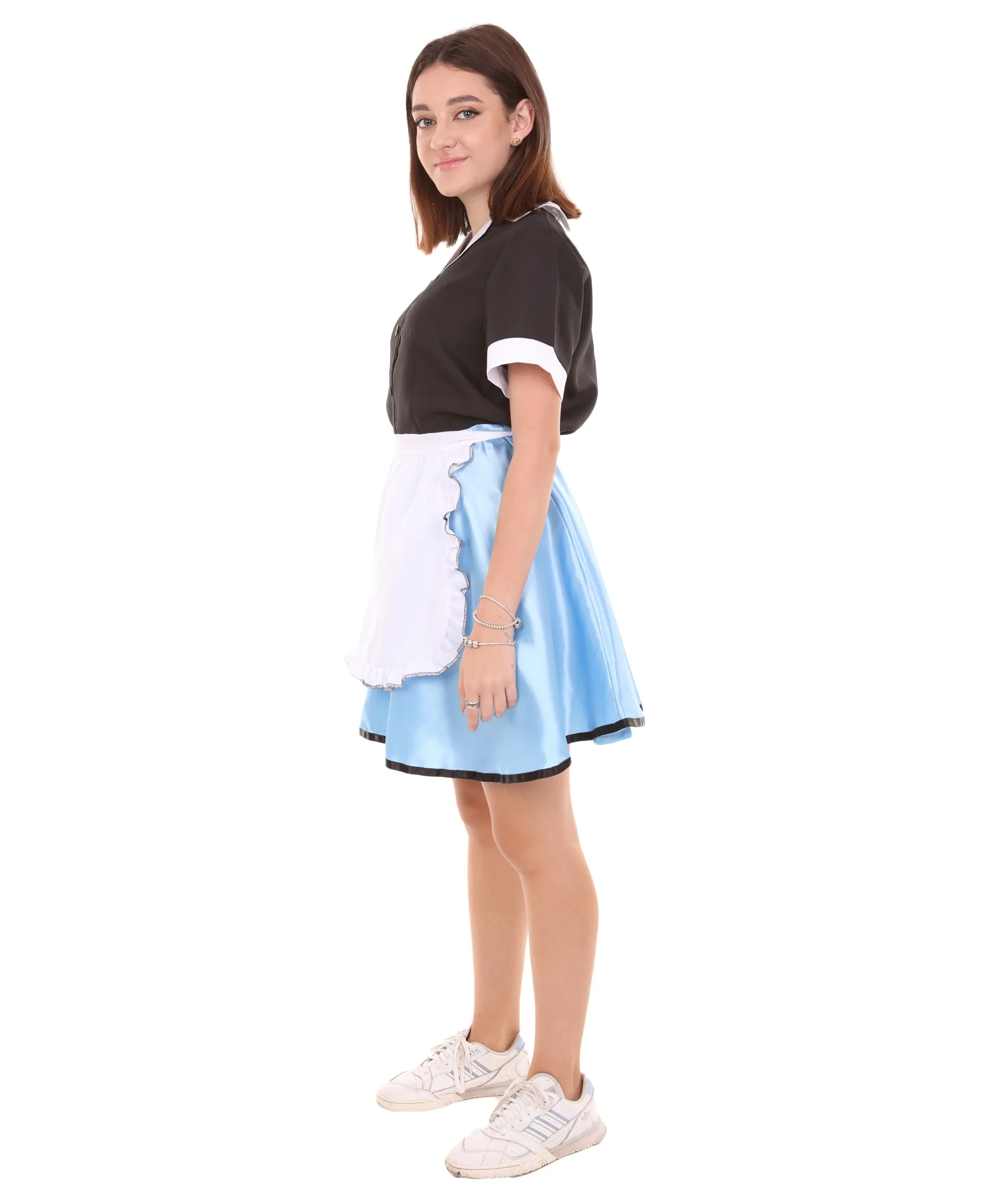 Adult Women's 50's Car Hop Girl Waitress Costume | Black and Blue Cosplay Costume