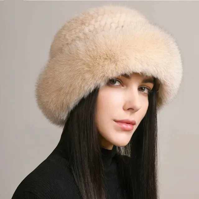 andmade Knitted Mink & Fox Fur Hat for Women