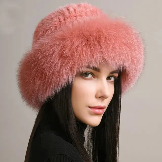 andmade Knitted Mink & Fox Fur Hat for Women