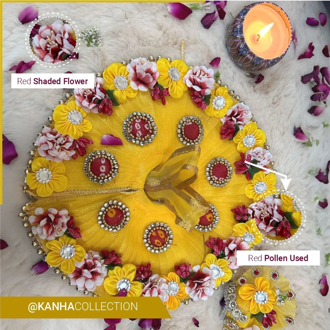 Beautiful yellow dress with red and yellow flowers for janmastmi