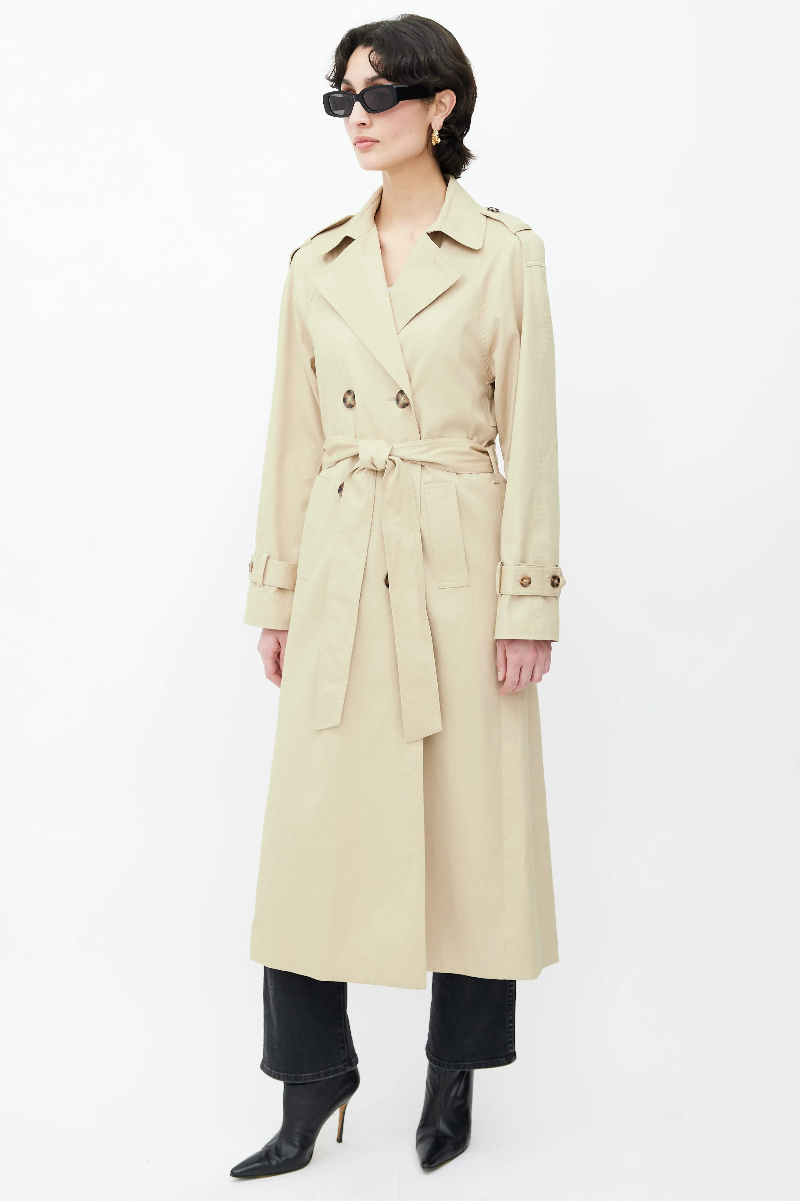 Beige Double Breasted Belted Coat