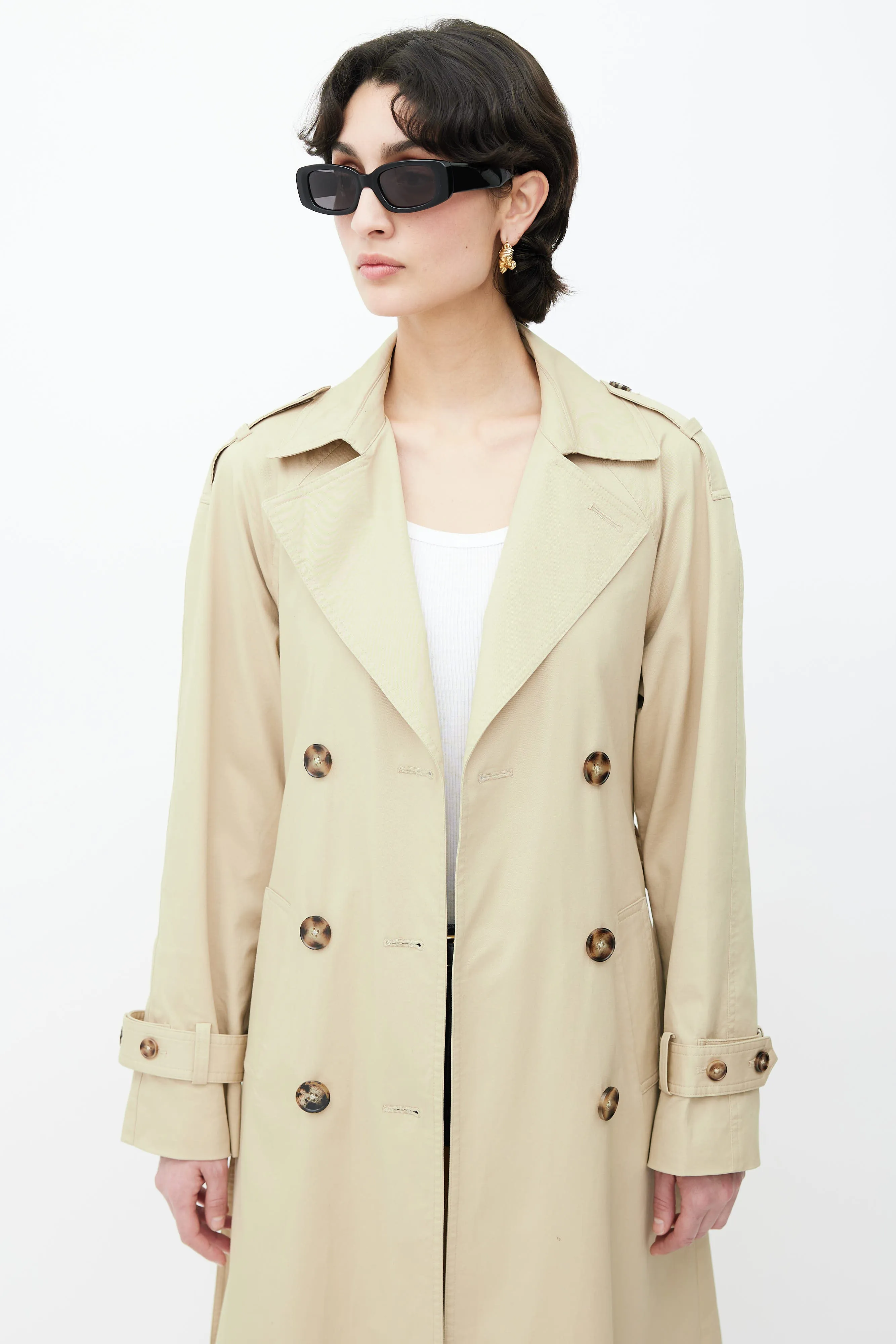 Beige Double Breasted Belted Coat