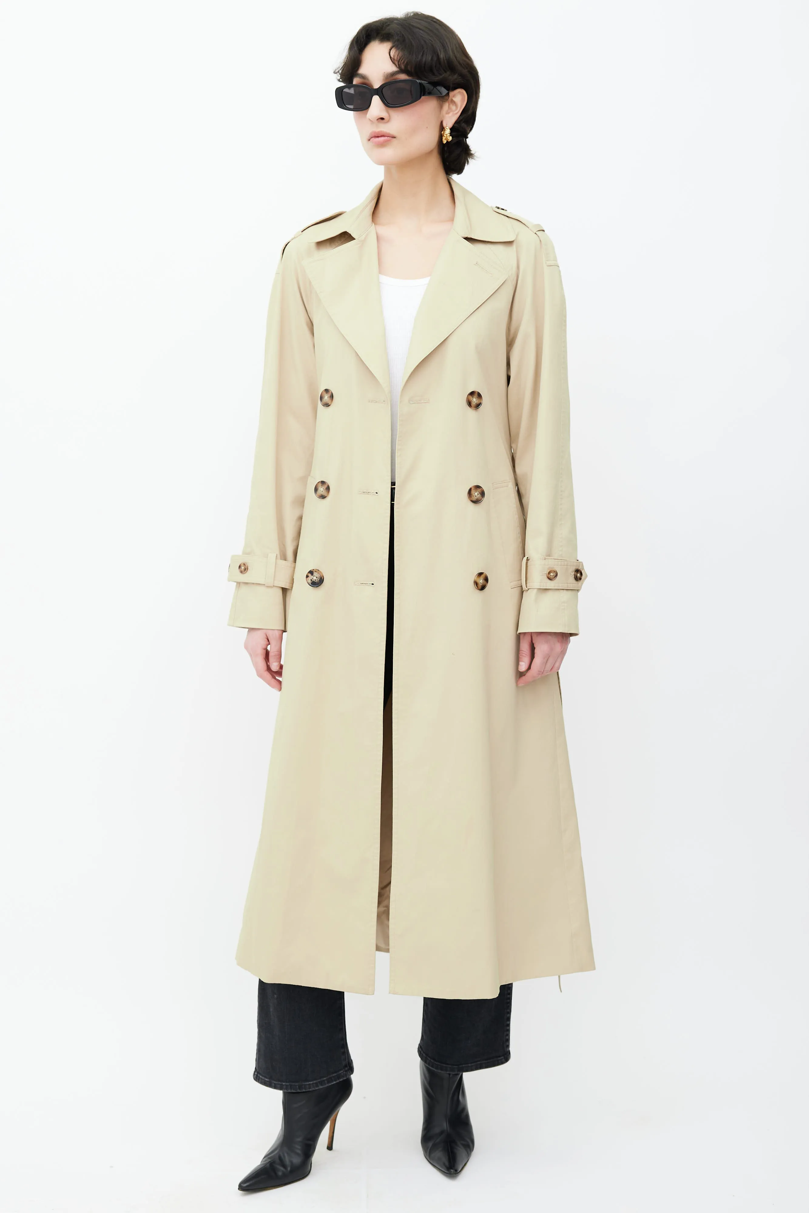 Beige Double Breasted Belted Coat