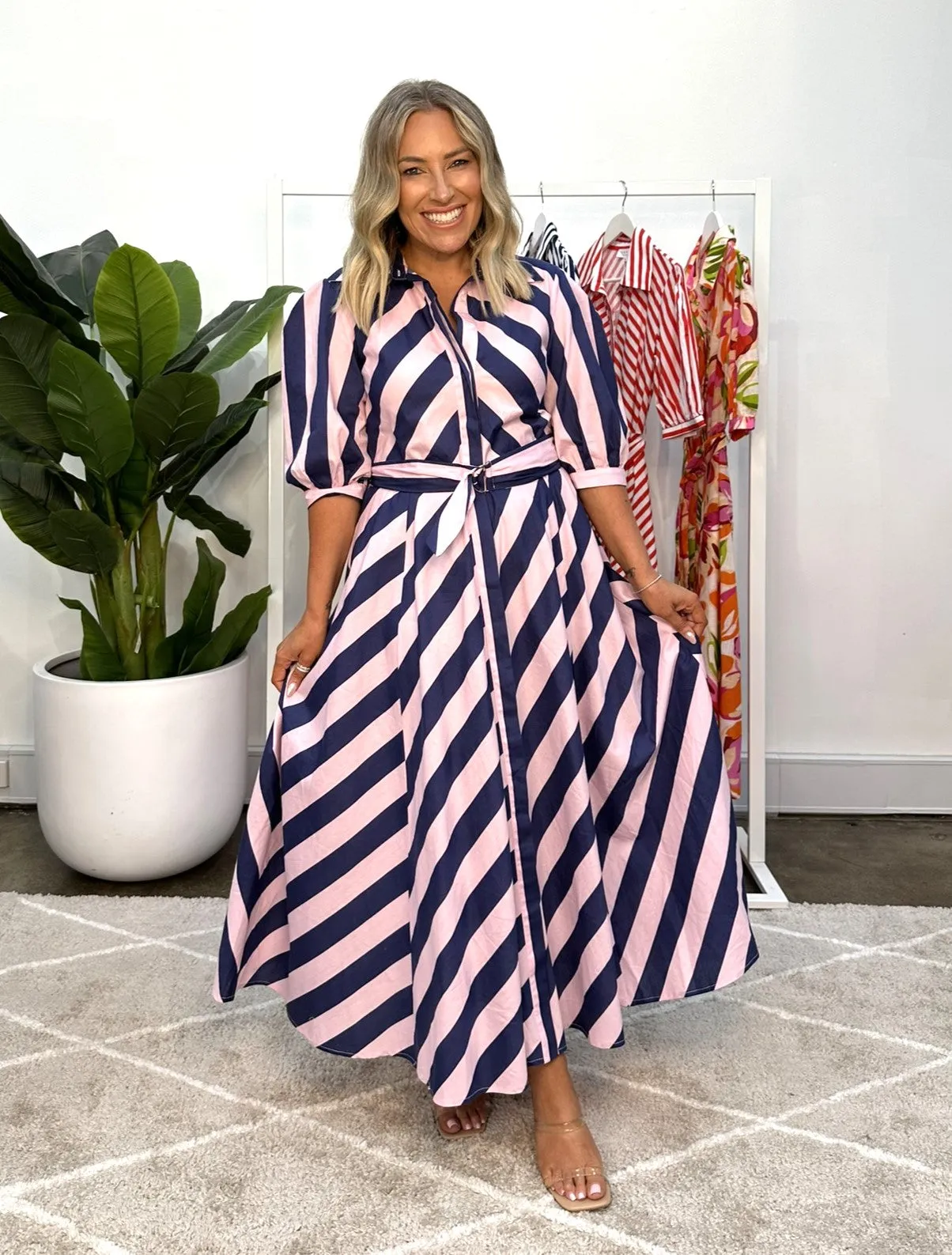 Bianca Dress - Pink Navy Stripes