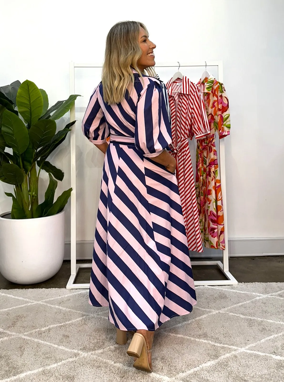 Bianca Dress - Pink Navy Stripes