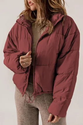 Biking Red Zip Up Drawstring Hem Pocket Puffer Coat - Warmth & Style