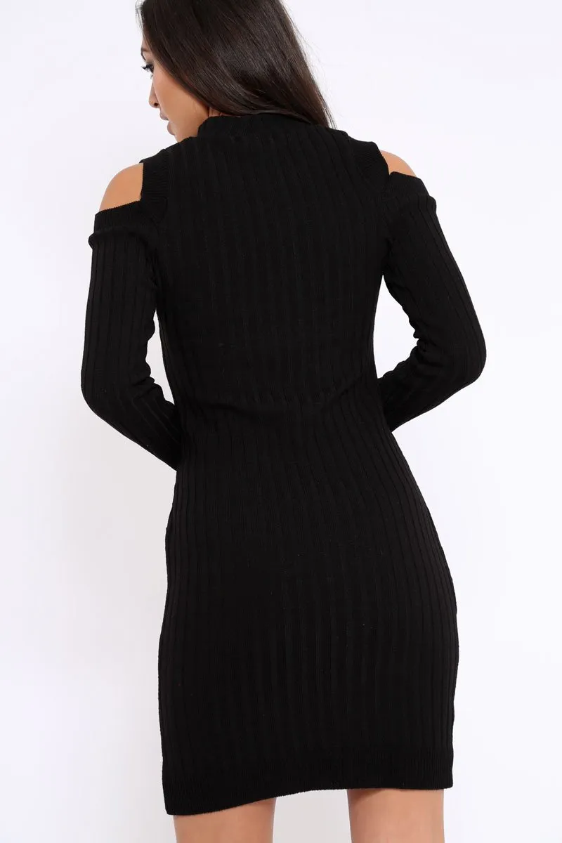 Black Cold Shoulder and V Neck Cut Out Dress - Riona