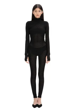 Black Mesh Turtleneck Long Sleeve Full Bodysuit