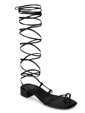 Black PU Low Block Heel Lace Up Sandals (TP28054-BLK)