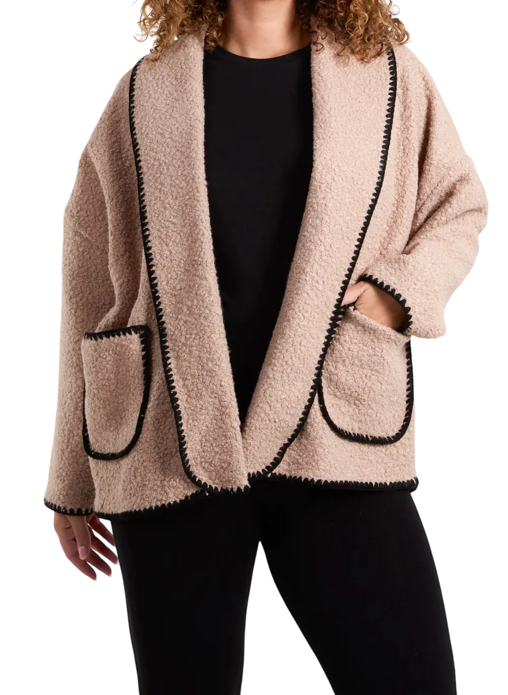 Blanket Stitch Boucle Edge To Edge Style Jacket (3 Colours)