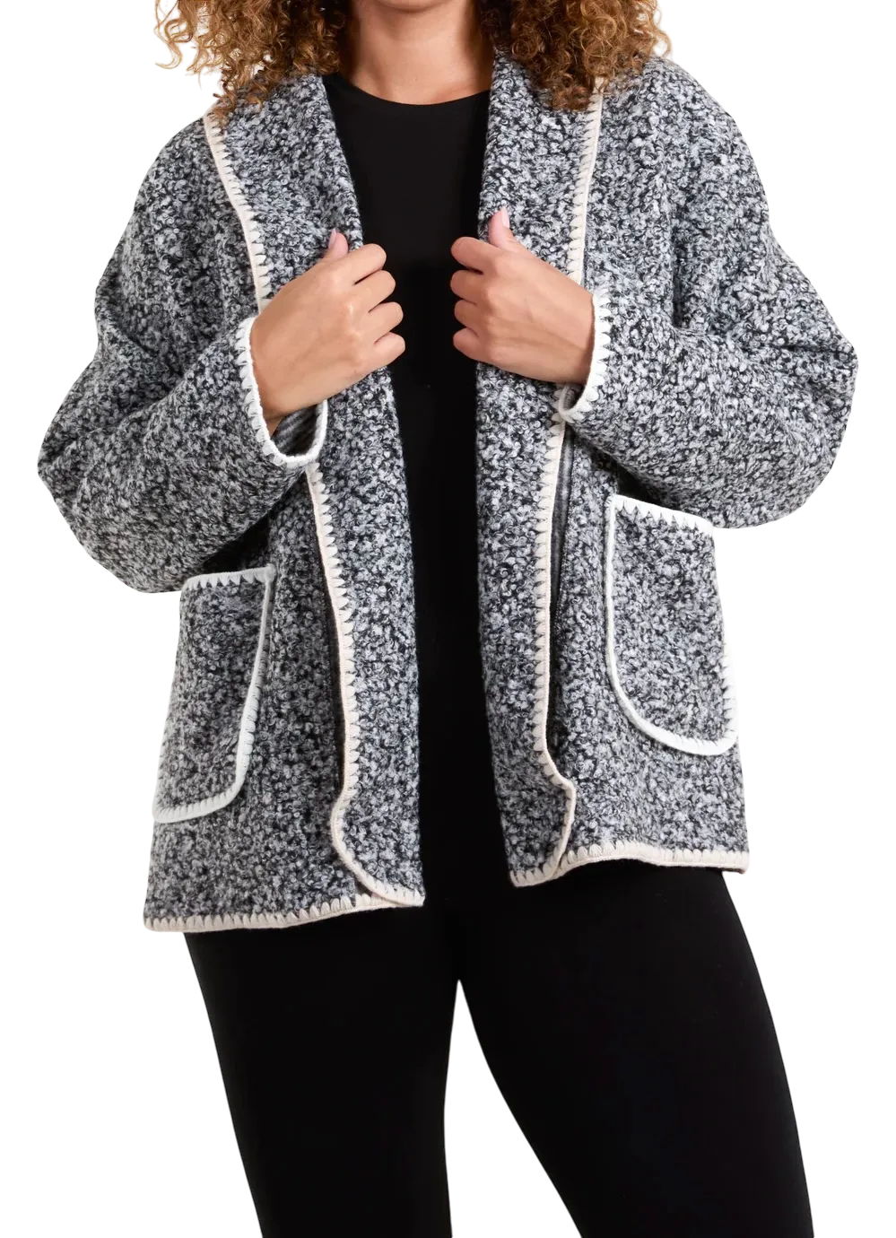 Blanket Stitch Boucle Edge To Edge Style Jacket (3 Colours)