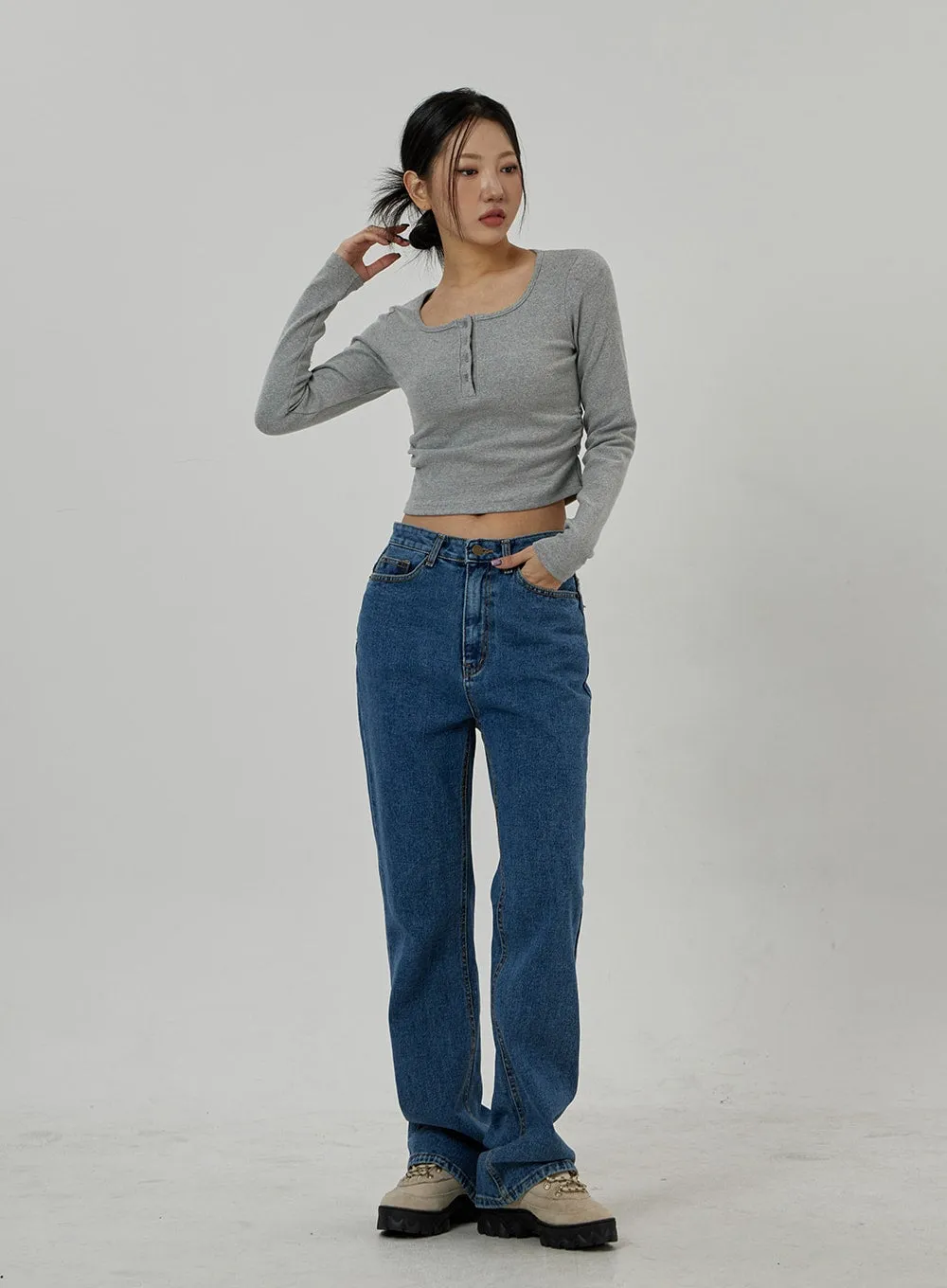 Button Neck Long Sleeve Cropped Top CD21