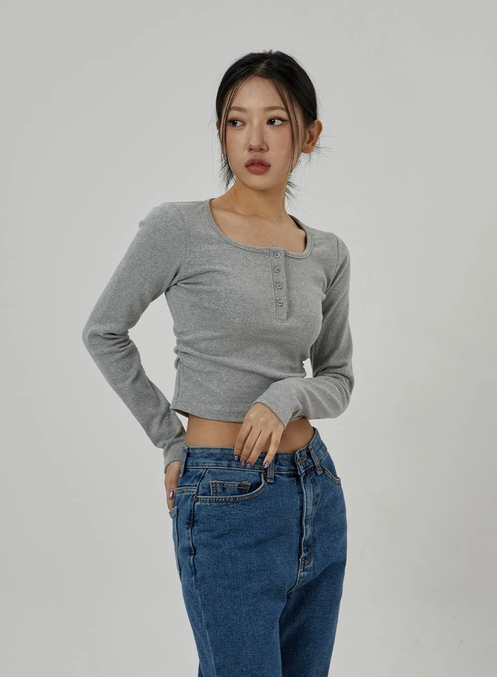 Button Neck Long Sleeve Cropped Top CD21