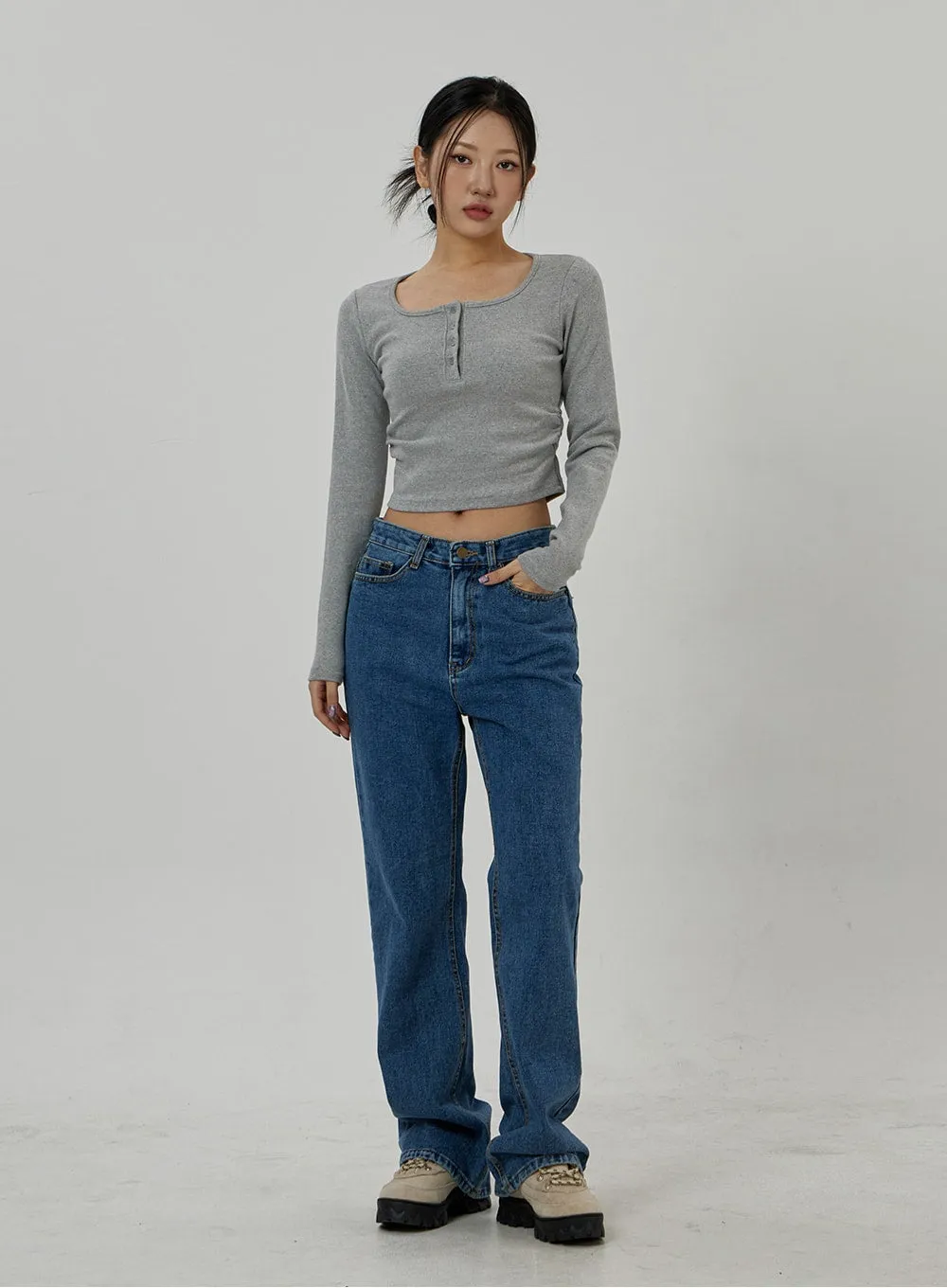 Button Neck Long Sleeve Cropped Top CD21