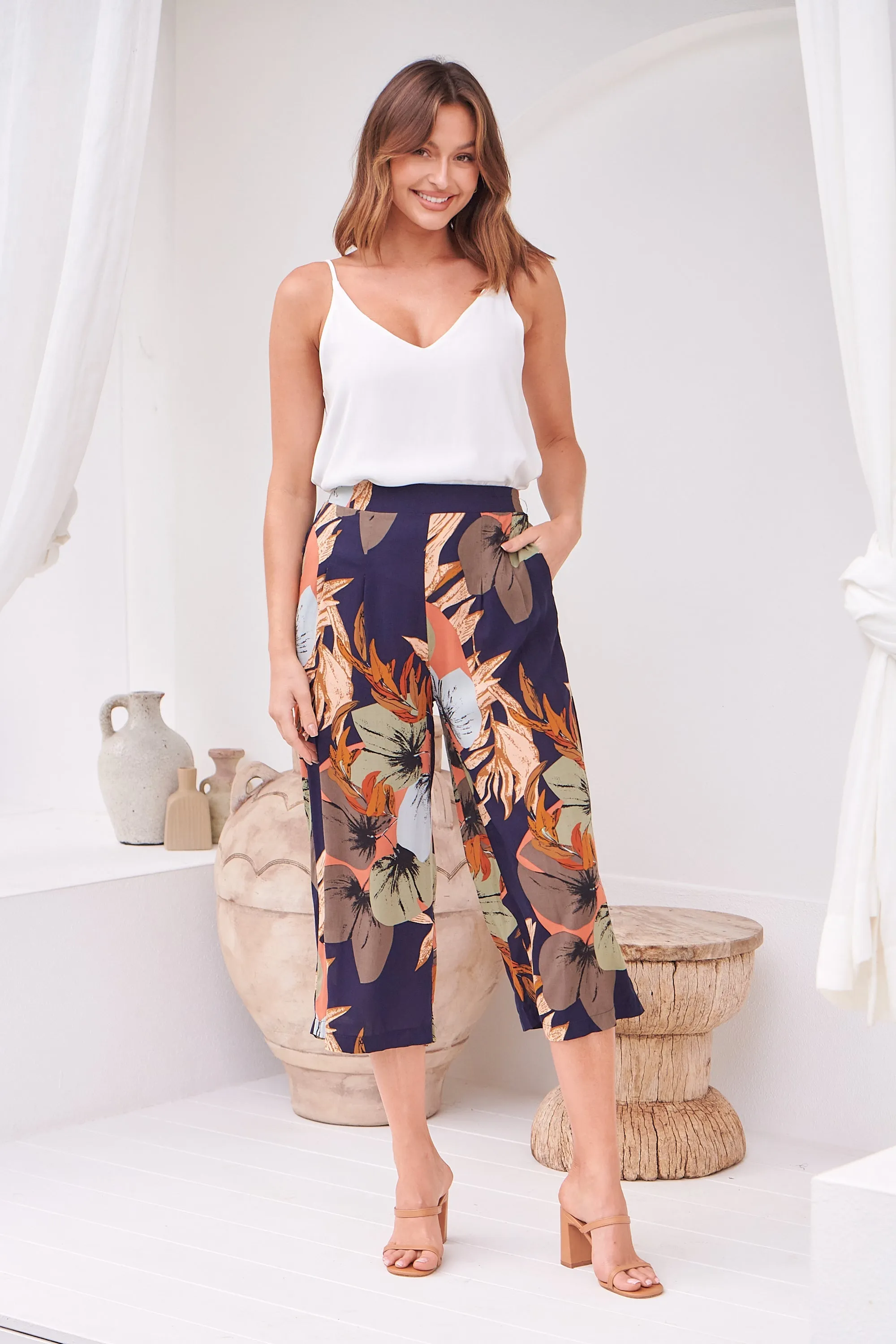 Calypso Navy/Multi Floral Print Culotte Pants