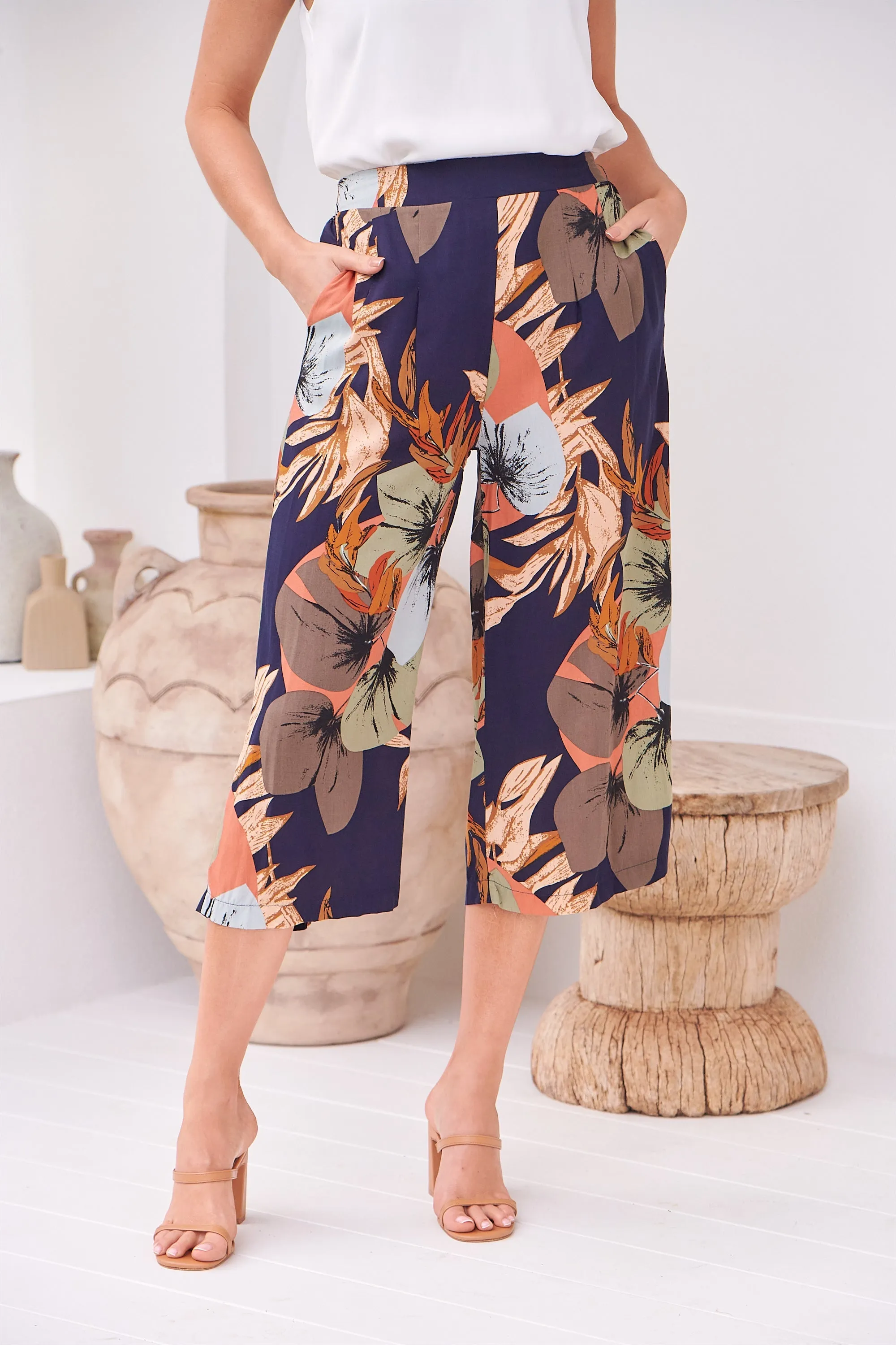 Calypso Navy/Multi Floral Print Culotte Pants