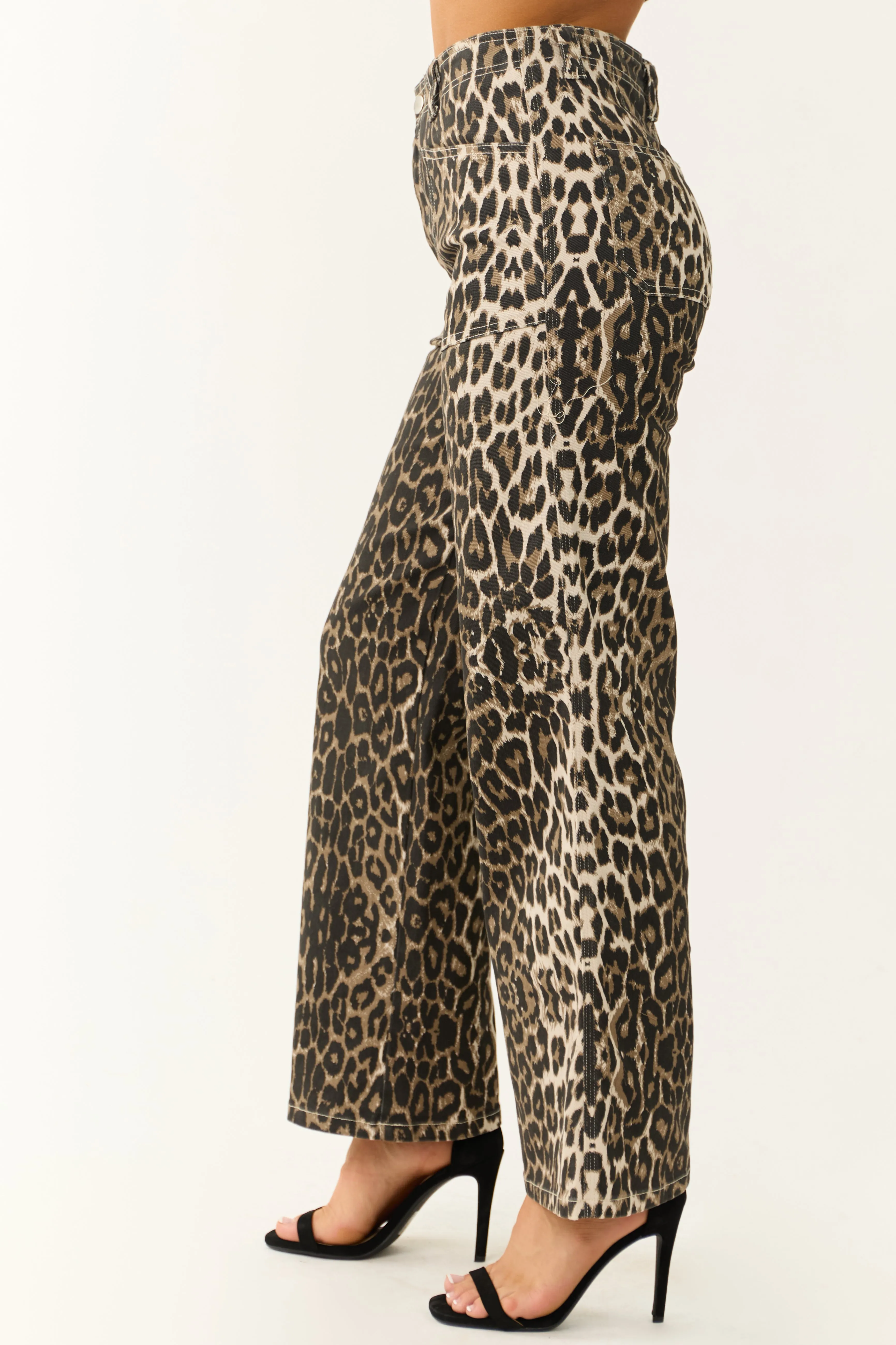 Camel Leopard Print Denim Wide Leg Pants