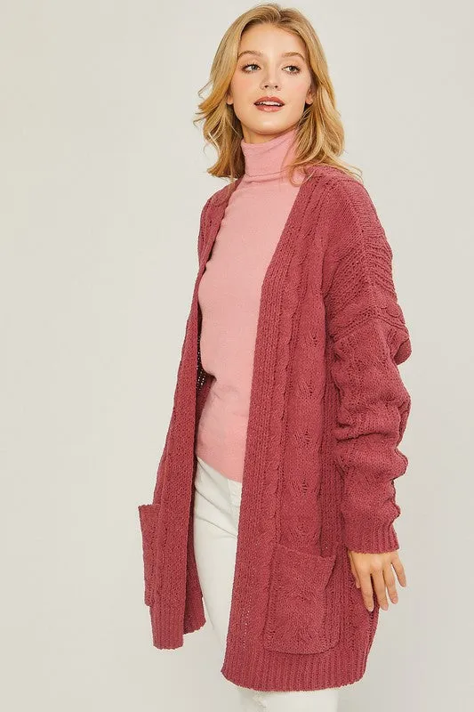 Cherry Chenille Cable Knit Oversized Open Front Cardigan