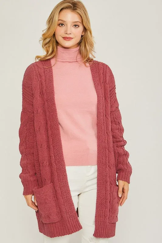 Cherry Chenille Cable Knit Oversized Open Front Cardigan