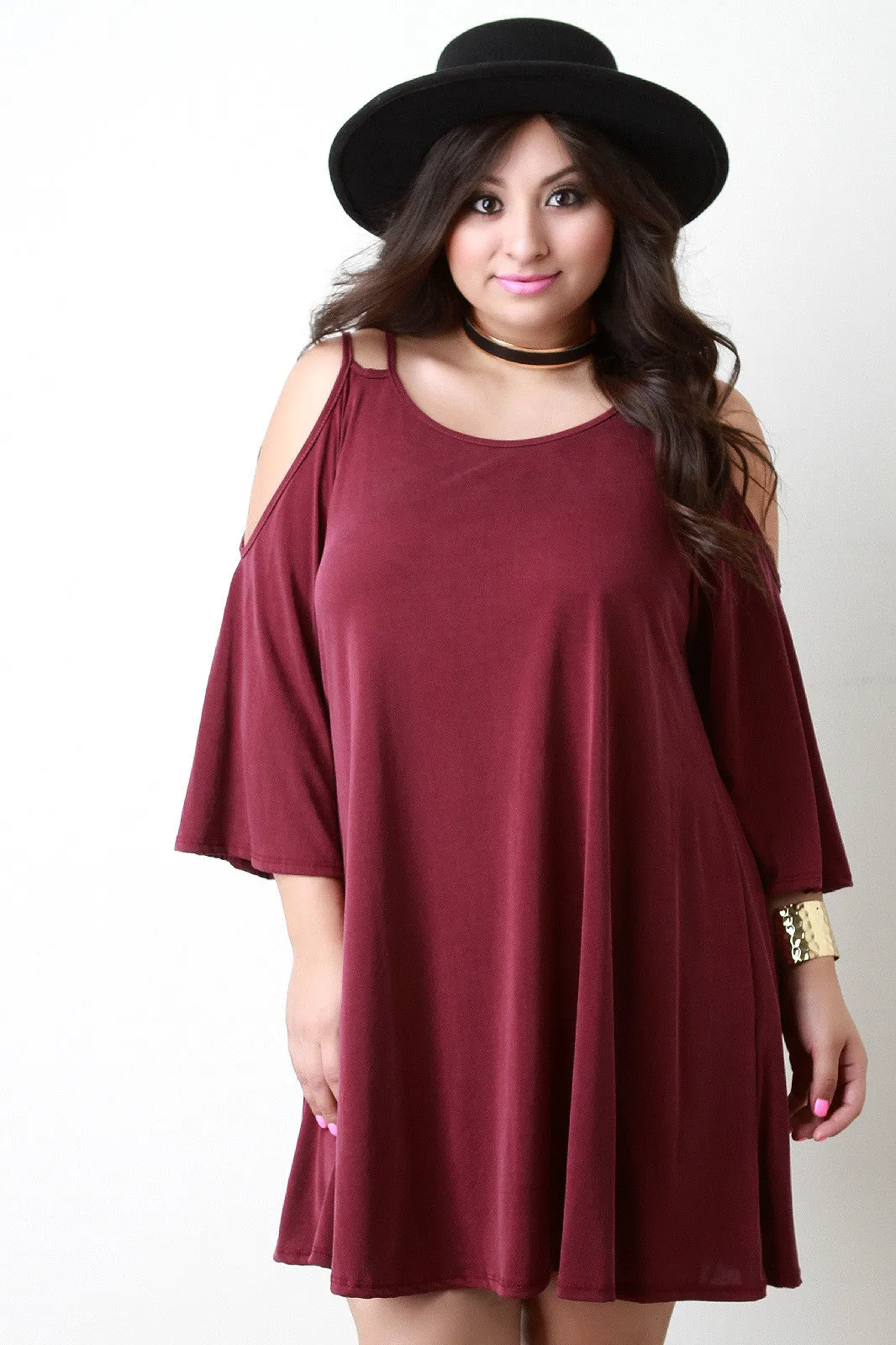 Cold Shoulder Bell Sleeves Shift Dress