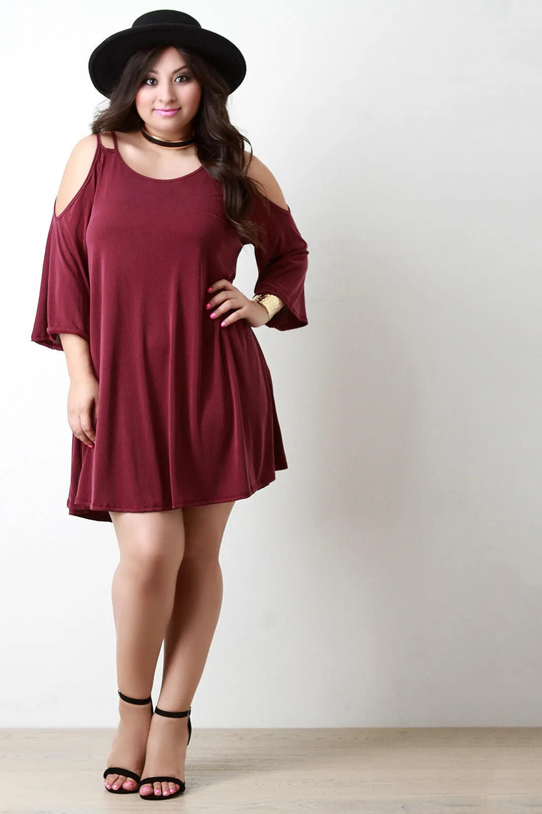 Cold Shoulder Bell Sleeves Shift Dress