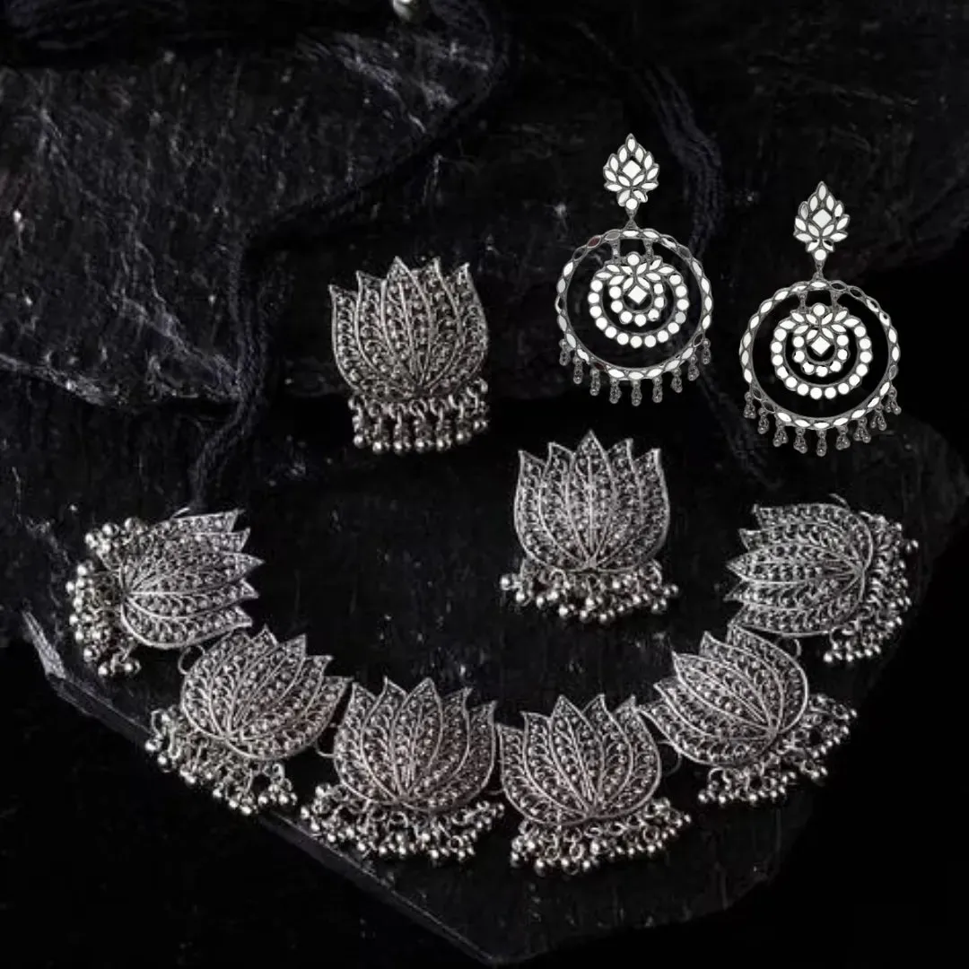 Combo Of 2 Oxidised Lotus Necklace & Earrings Set