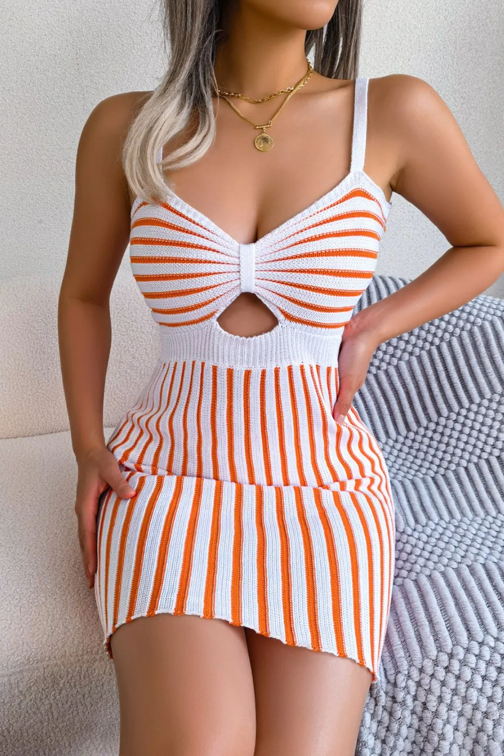 Cutout Spaghetti Strap Striped Knit Dress