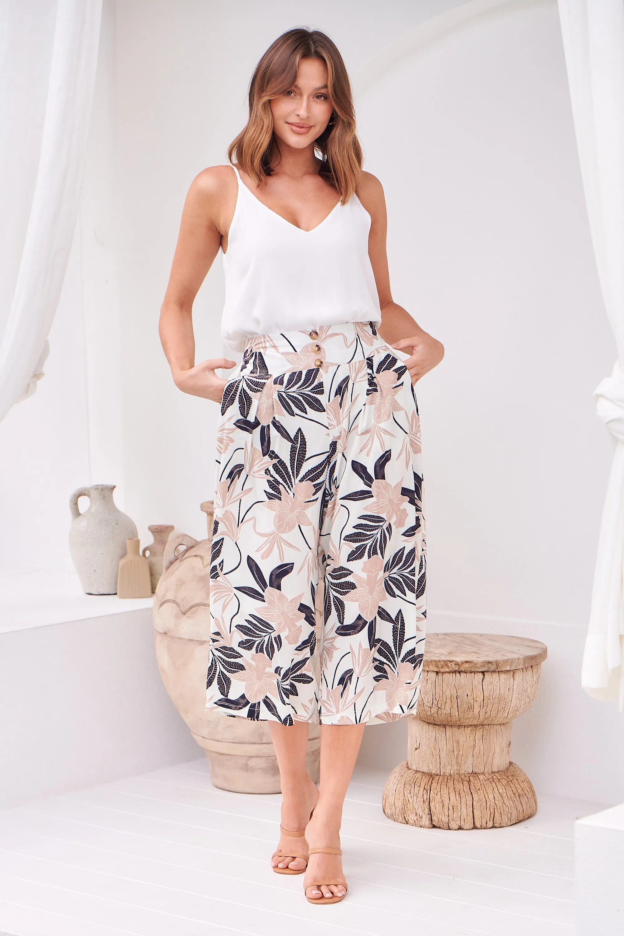 Darcie White/Leaf Print Wide Leg Crop Pant