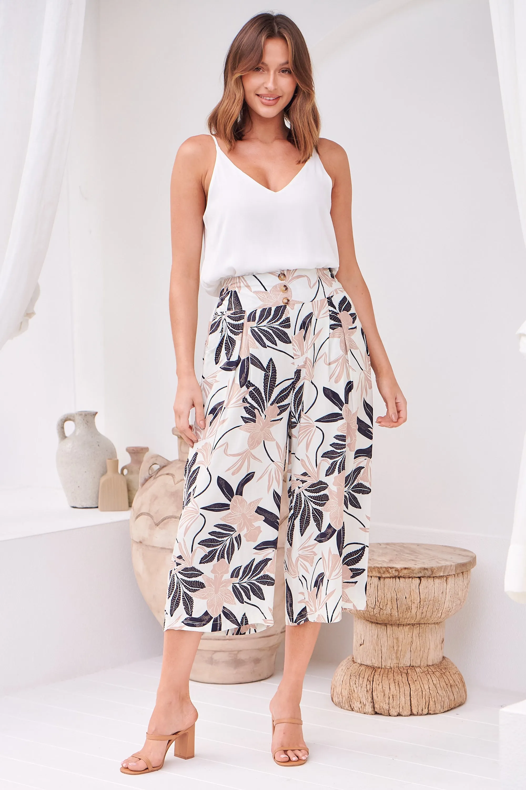 Darcie White/Leaf Print Wide Leg Crop Pant