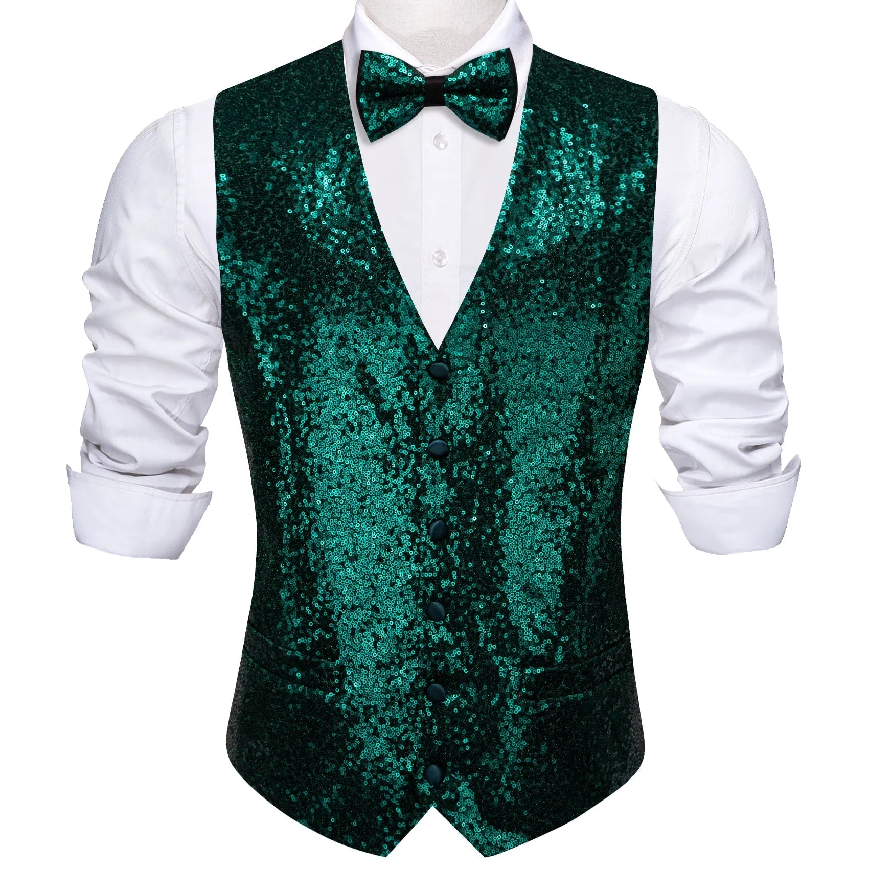 Dark Green Sequins Silk Men's Vest Hanky Cufflinks Bow Tie Set