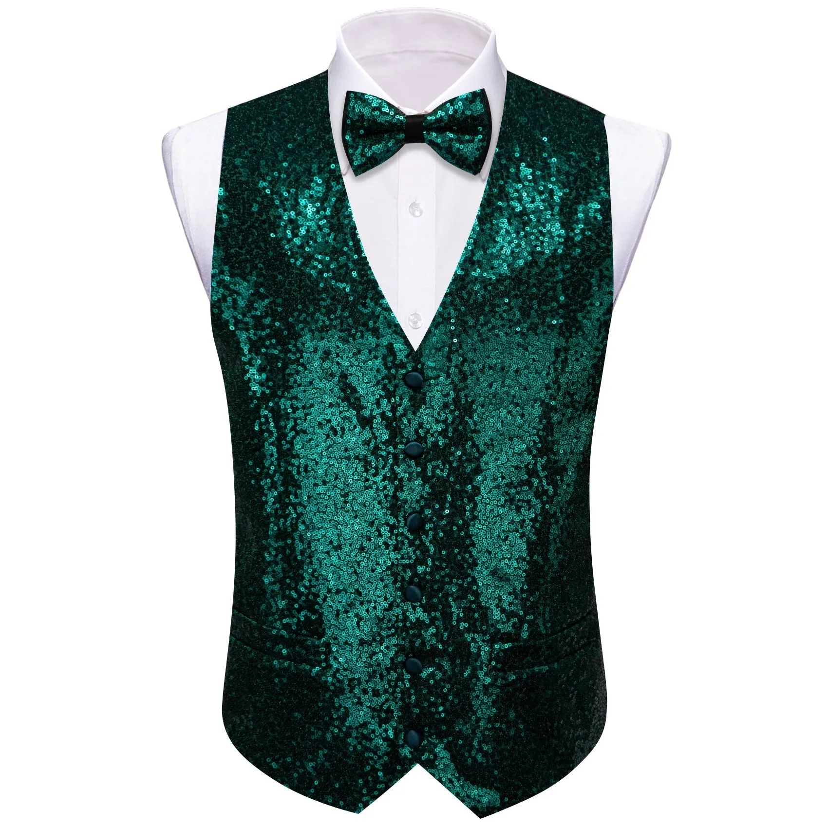 Dark Green Sequins Silk Men's Vest Hanky Cufflinks Bow Tie Set