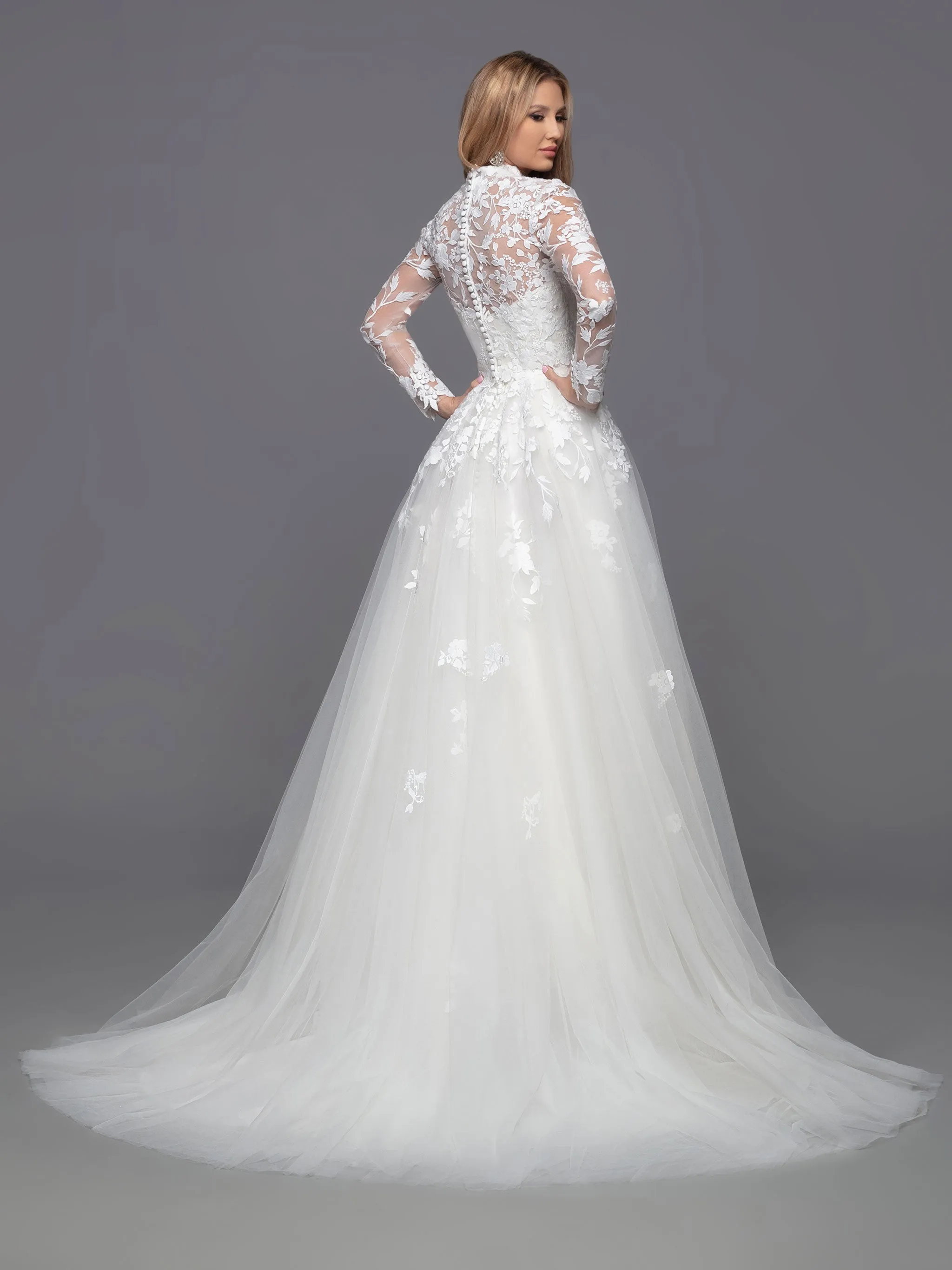 Davinci Bridal 50813 Long A Line Tulle Ballgown Wedding Dress Detachable Lace Long Sleeve High Neck