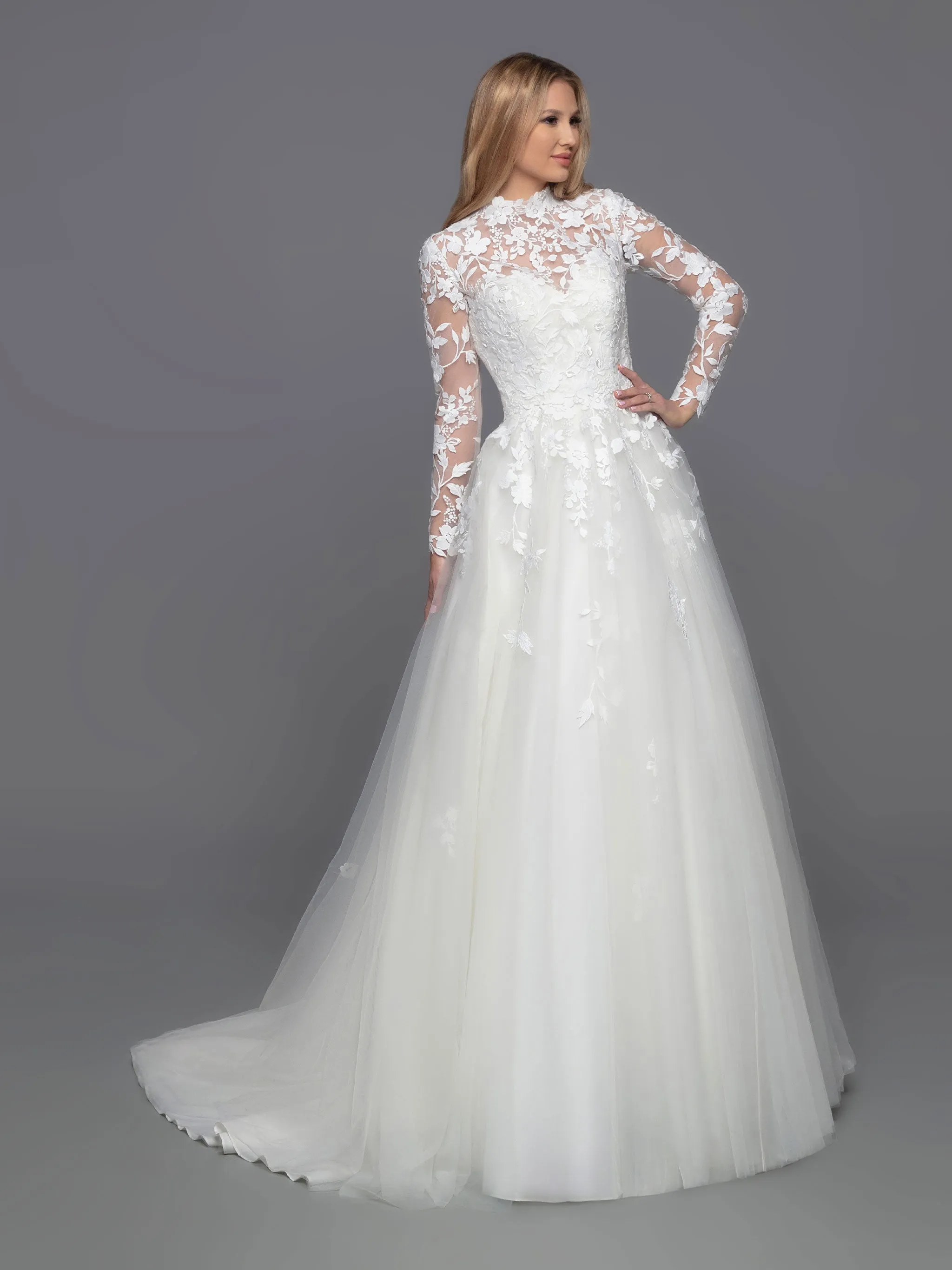 Davinci Bridal 50813 Long A Line Tulle Ballgown Wedding Dress Detachable Lace Long Sleeve High Neck