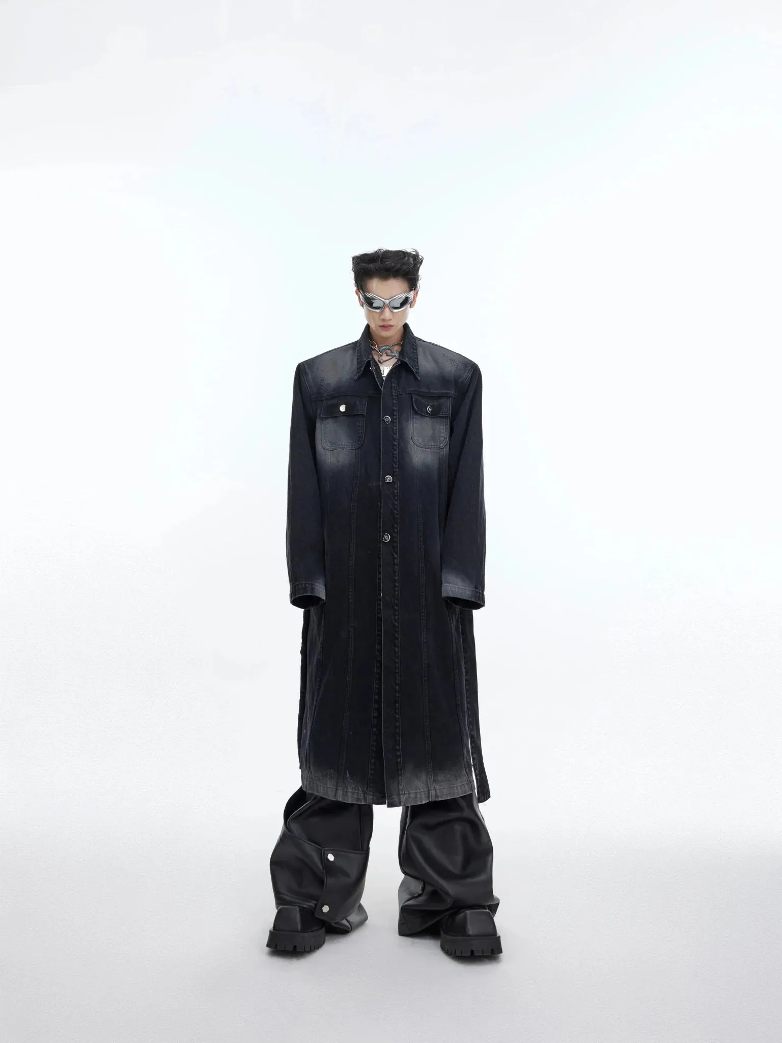 Deconstructed Aged Wash Long Denim Coat | Over-Knee Trench with Line Design