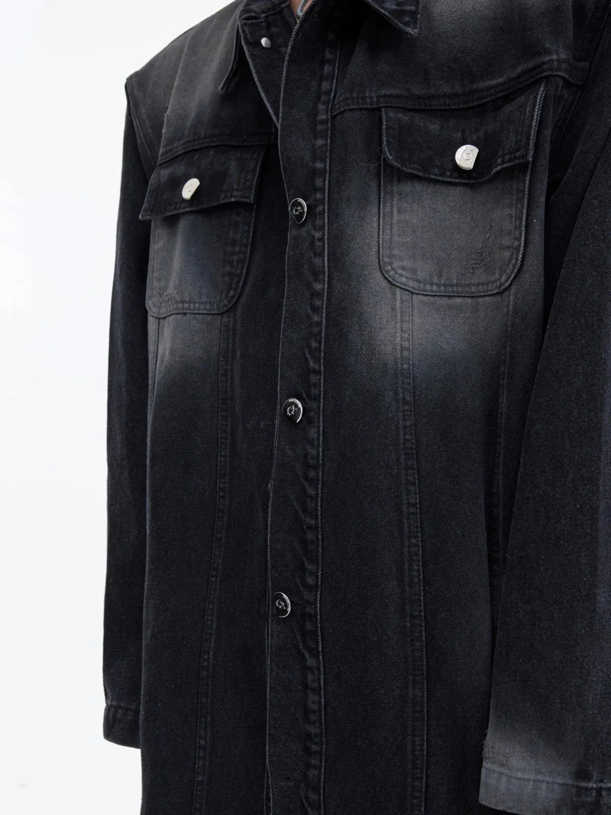 Deconstructed Aged Wash Long Denim Coat | Over-Knee Trench with Line Design