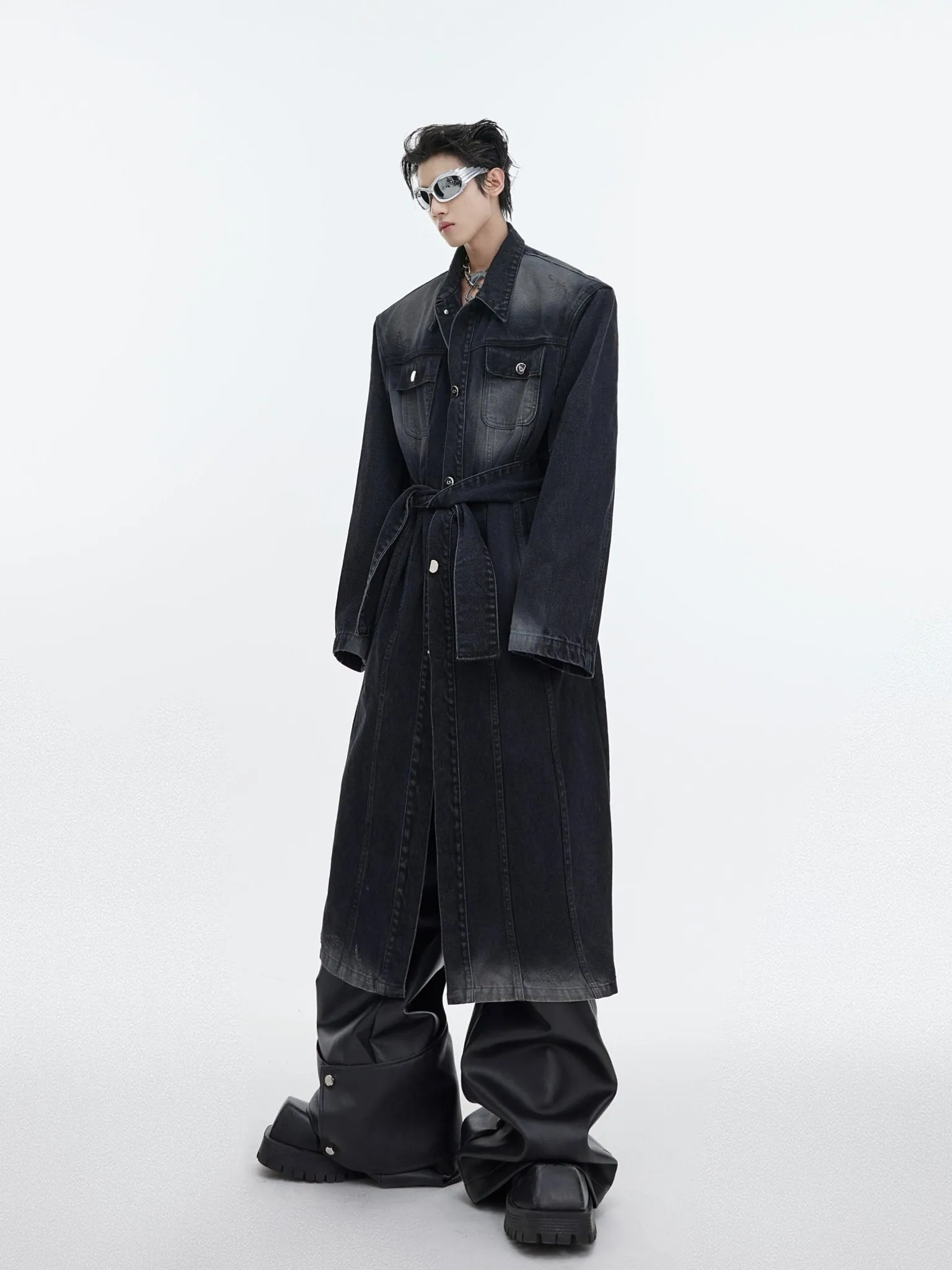 Deconstructed Aged Wash Long Denim Coat | Over-Knee Trench with Line Design