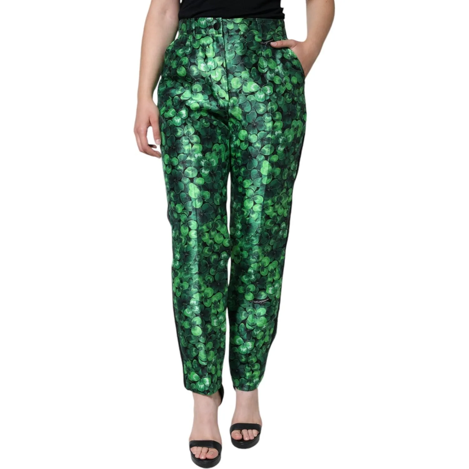 Dolce & Gabbana Green Clover Silk Satin High Waist Tapered Pants