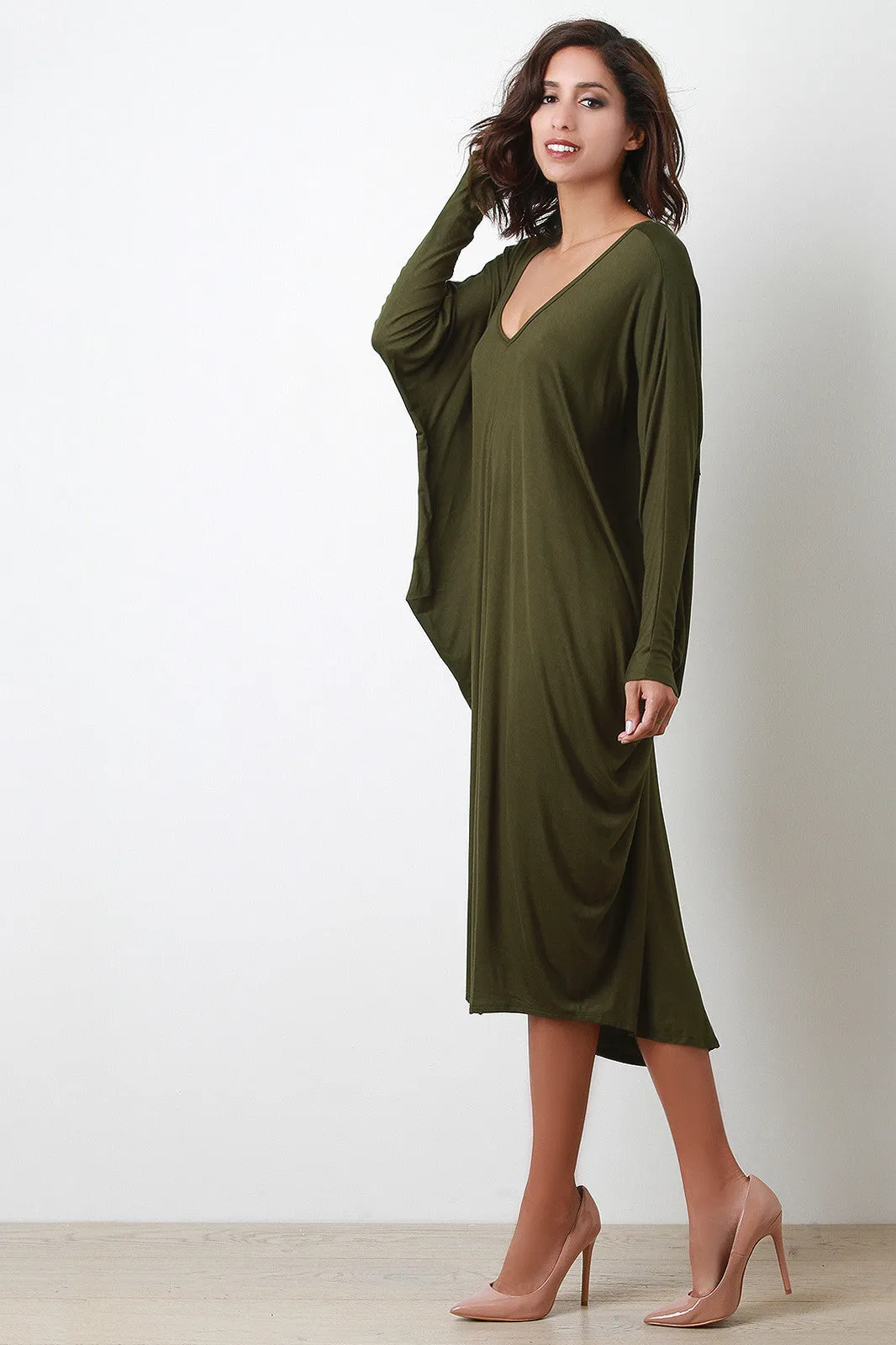 Dolman Sleeve Loose Fit Midi Dress